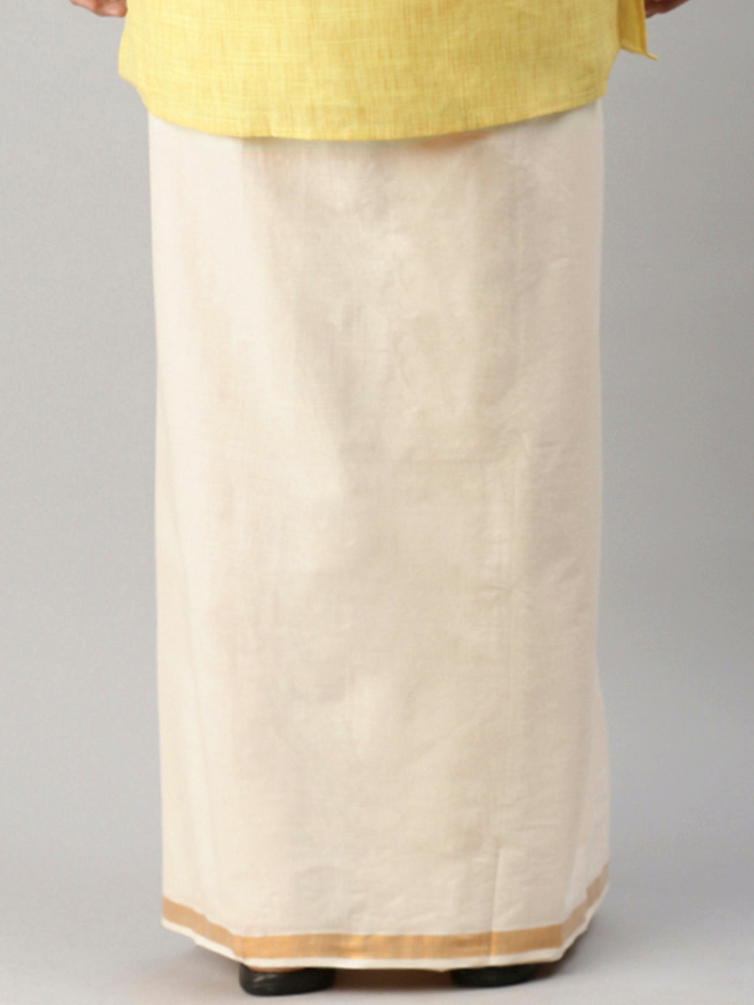Mens Cotton Cream Double Dhoti with 1" Gold Jari Border Golden Mark-Back view