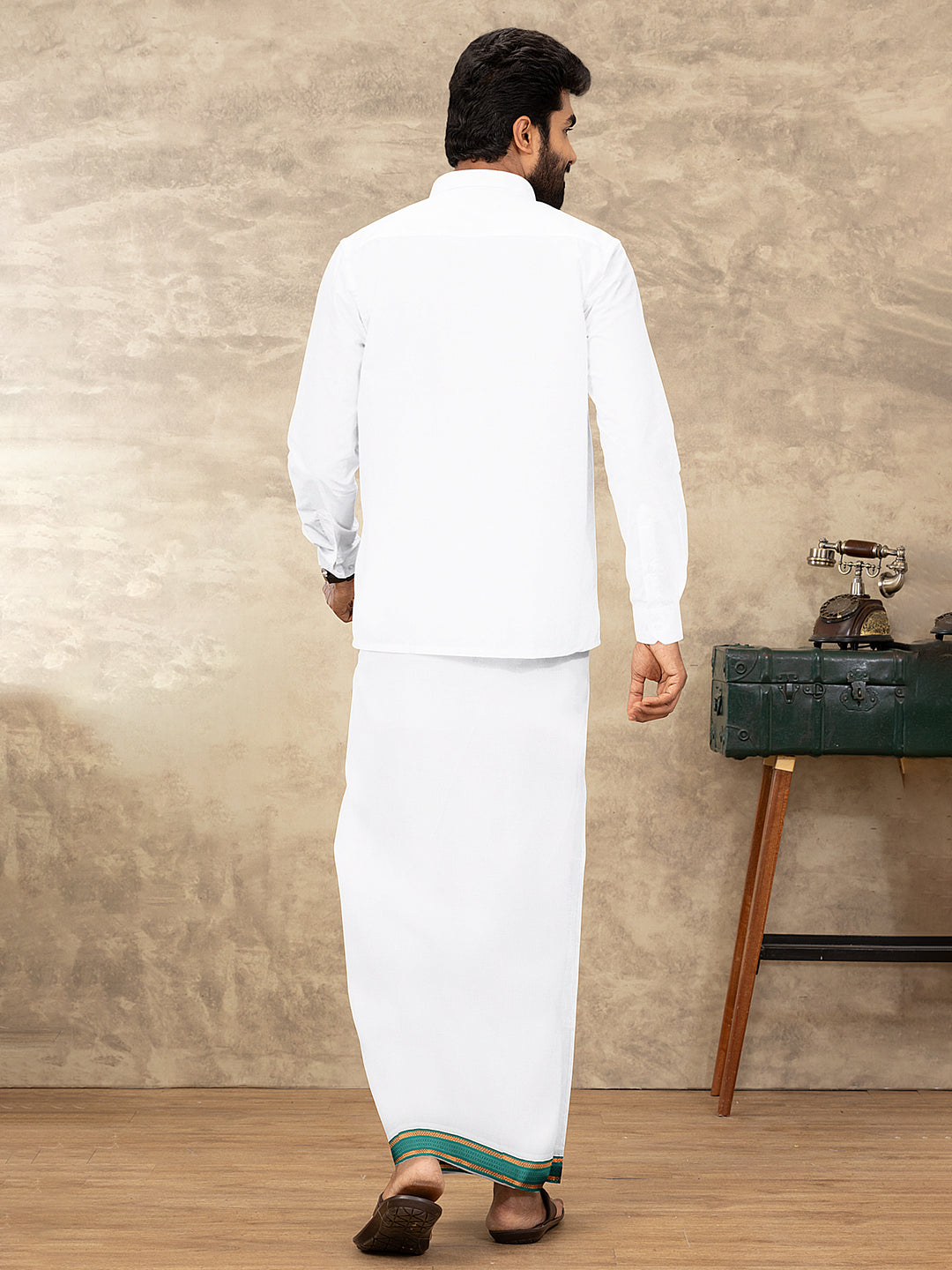 Men 100% Cotton Double Layer White Dhoti with Fancy Jari Border RF04