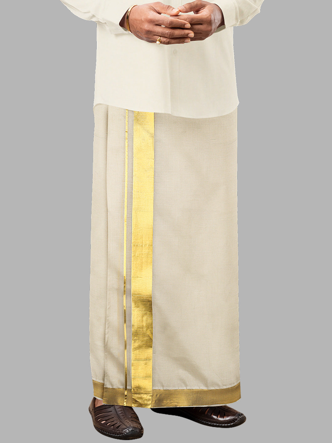 Men Cream with 2" Gold Jari Border Double Layer Kora Dhoti Woven Gold