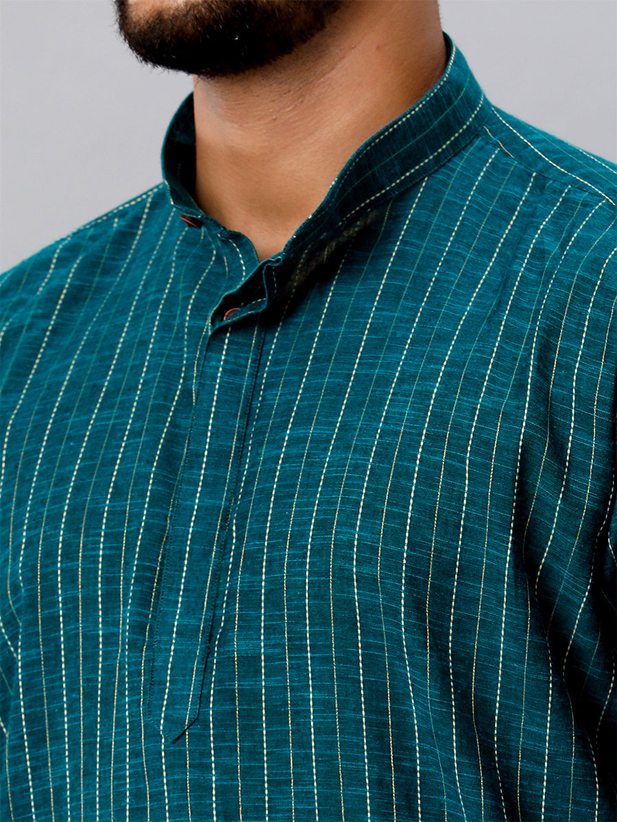 Mens Striped Full Sleeves Dark Green Medium Length Pocket Kurta J38-Zoom view