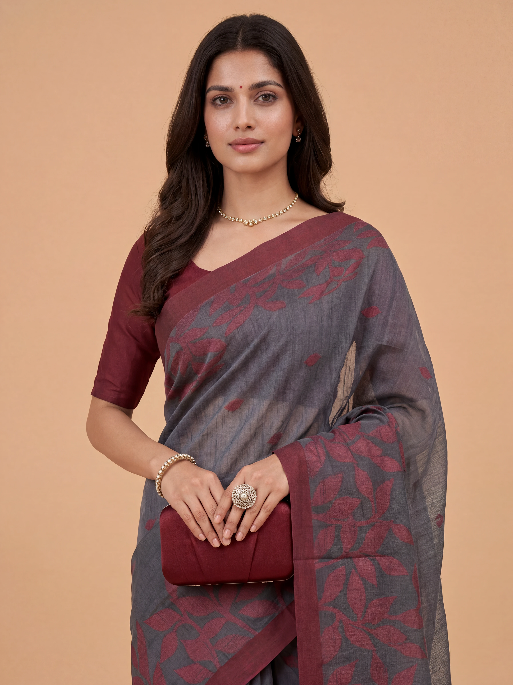Women Pure Cotton Grey with Pink Saree PCS275