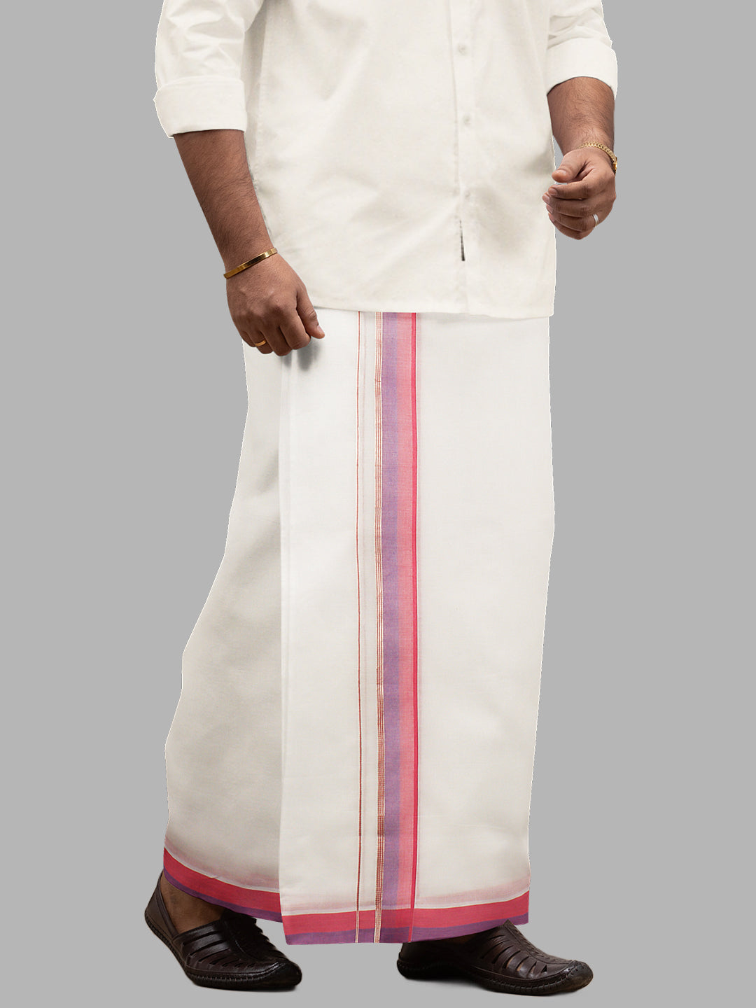 Men Pink Fancy Jari Border Double Layer White Dhoti PJF3