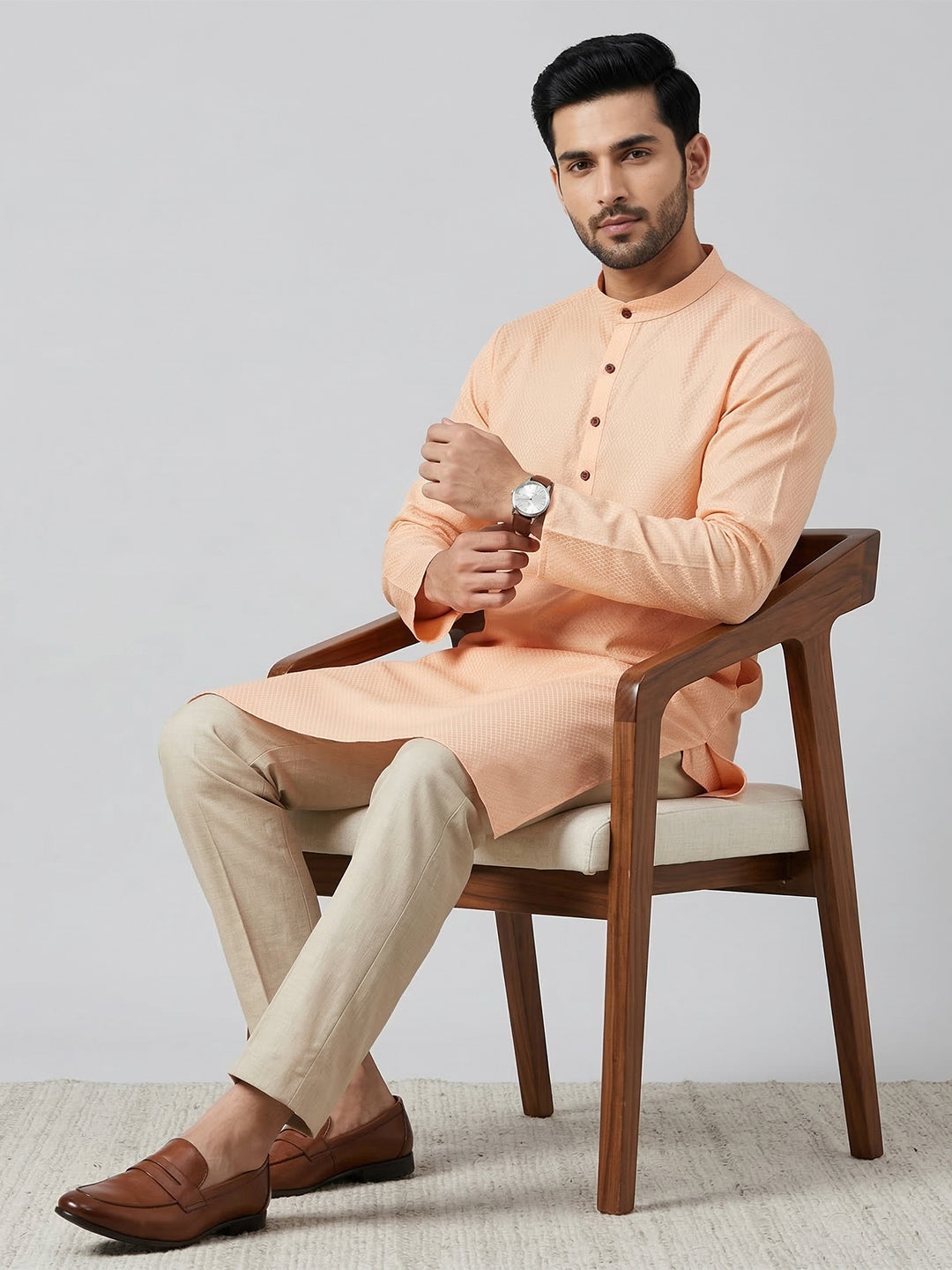 Cotton Medium Length Printed Pocket Kurta Peach MHJ5