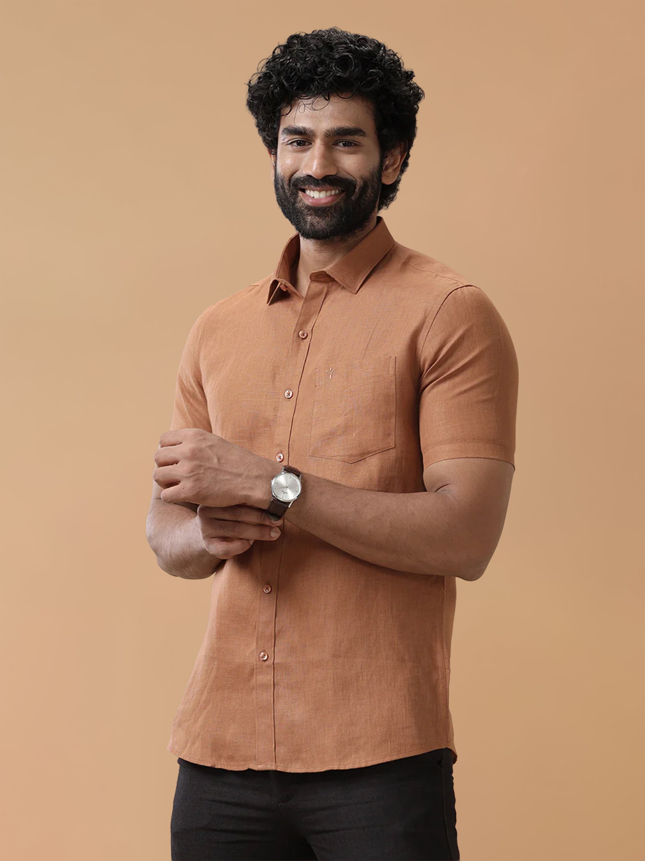 Pure Linen Rust Brown Smart Fit Shirt L115