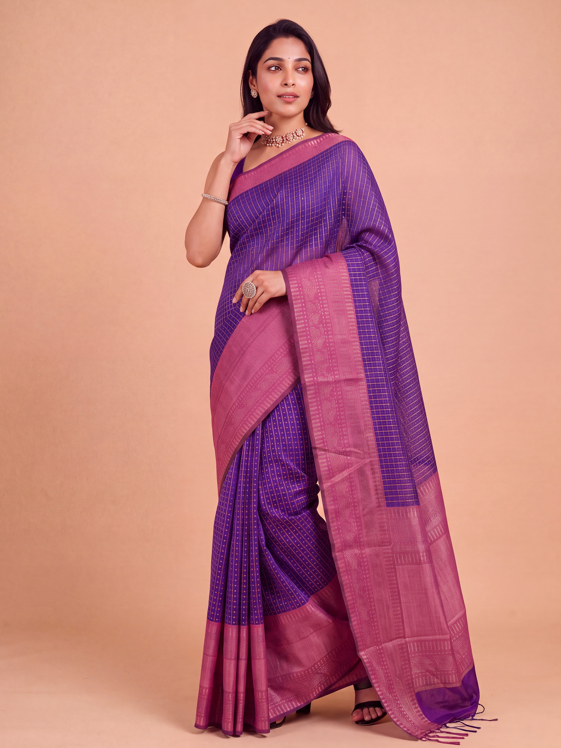 Women Semi Linen Violet Checked Fancy Saree SL260