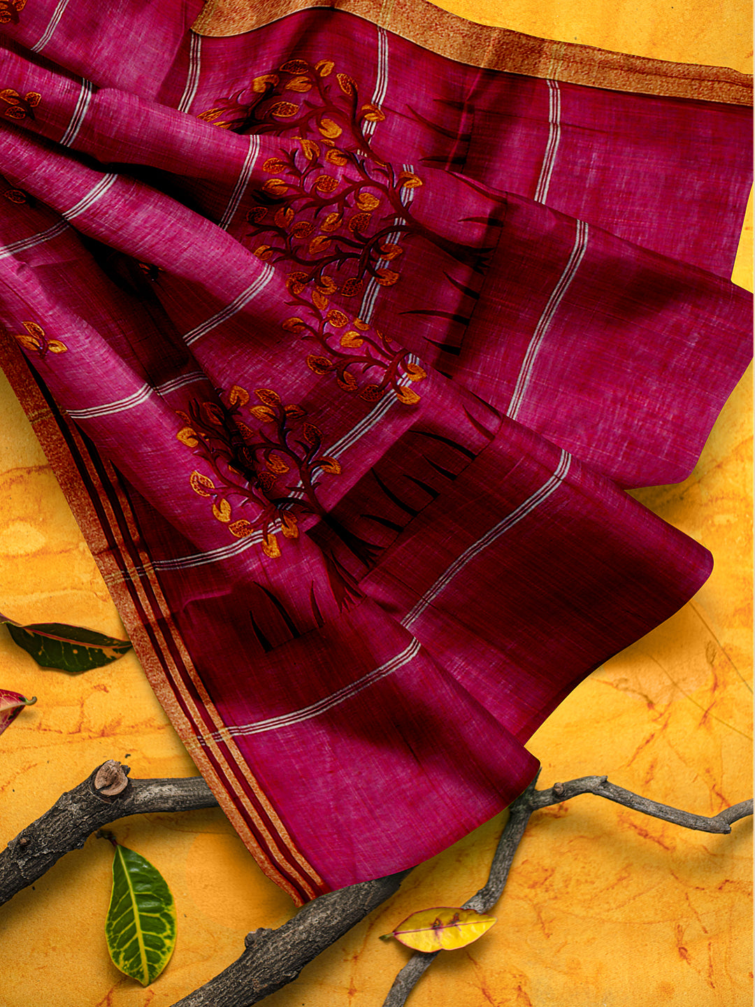 Semi Silk Cotton Allover Design Saree Mustered Yellow with Dark Pink Gold Jari Border SSC16