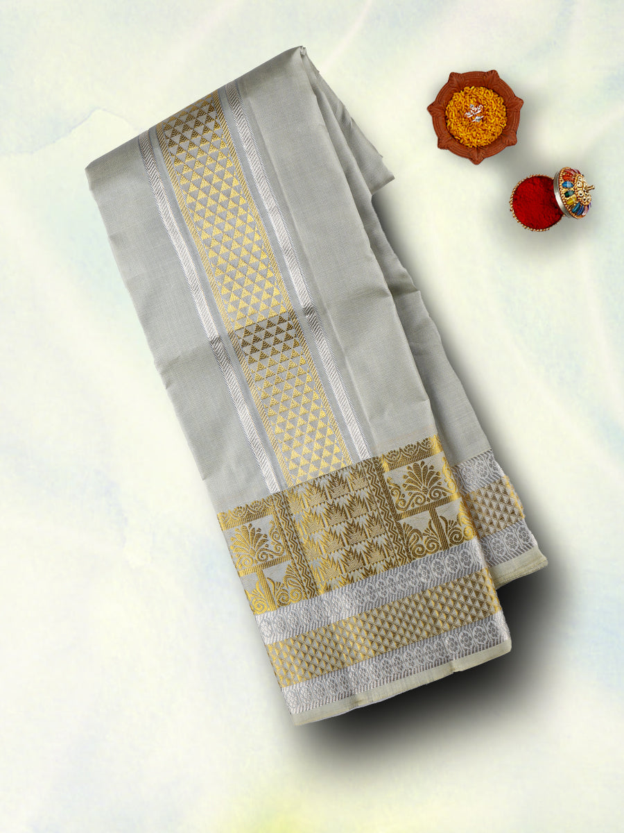 Pure Silk Grey Colour 4" Gold Jari Border Dhoti With Towel Thirukalyan 9+5-View two