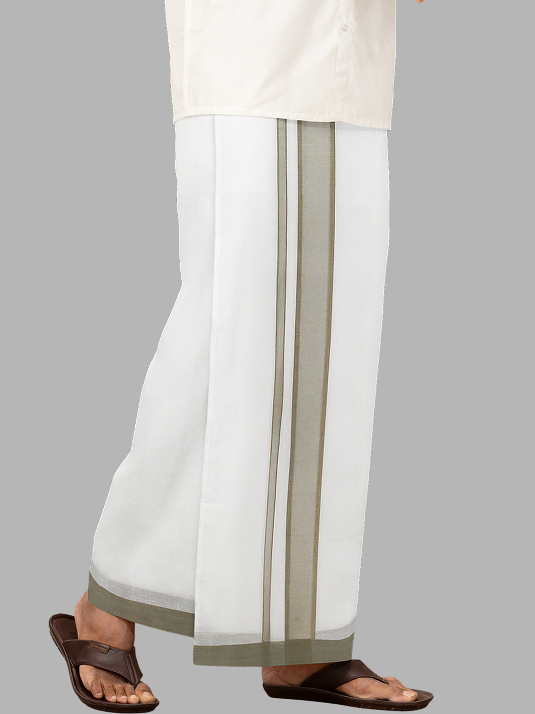 Men Green Fancy Border Double Layer White Dhoti RP4