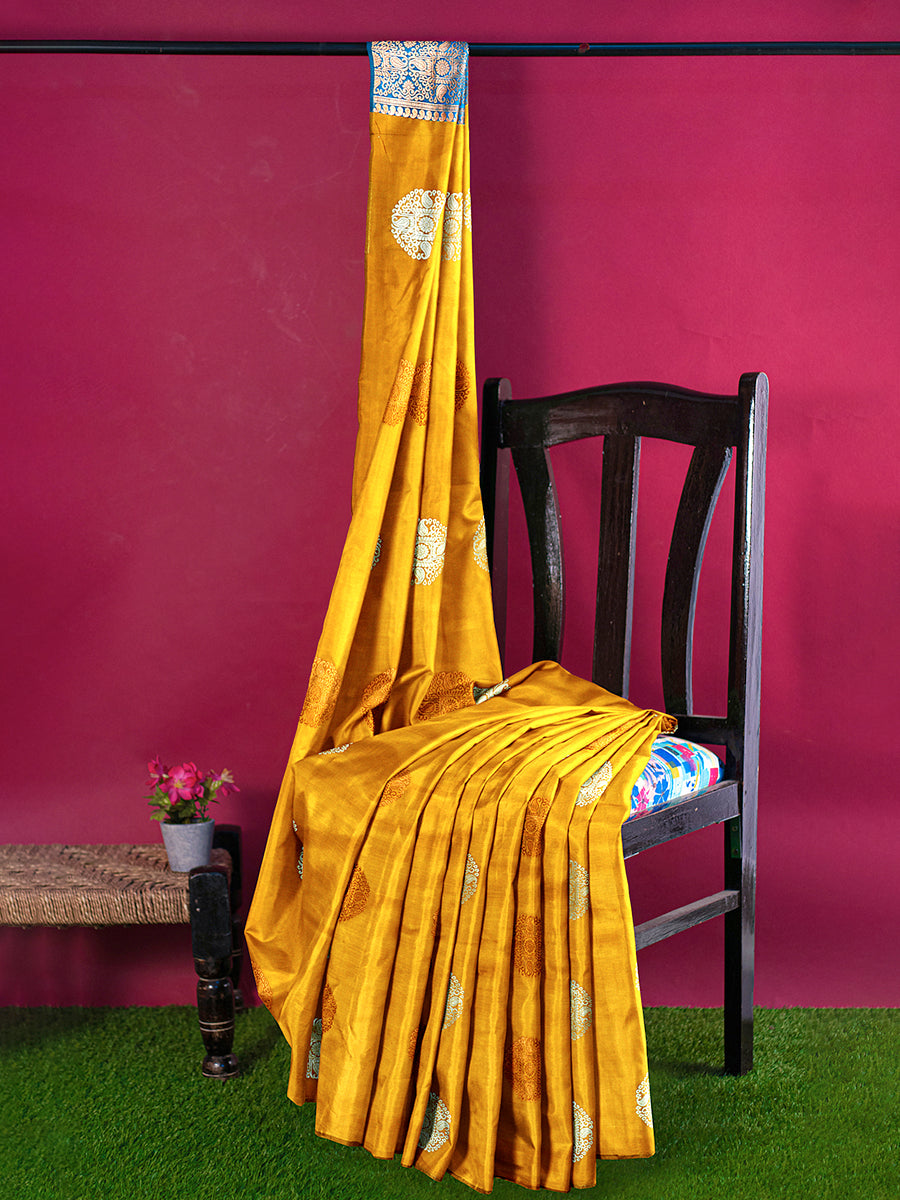 Women Semi Silk Yellow with Contrast Blue Border Saree SS56
