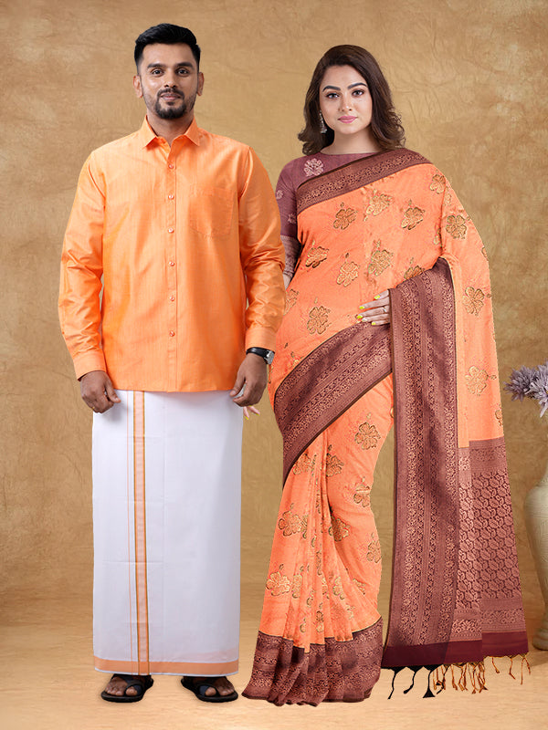Couple Combo Shirt & Dhoti Set with Saree Orange SD02