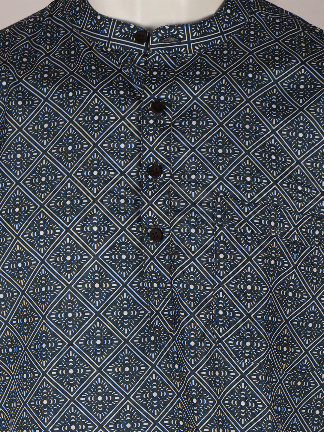 Men Cotton Short Length Printed Pocket Kurta Greyish Blue RH02
