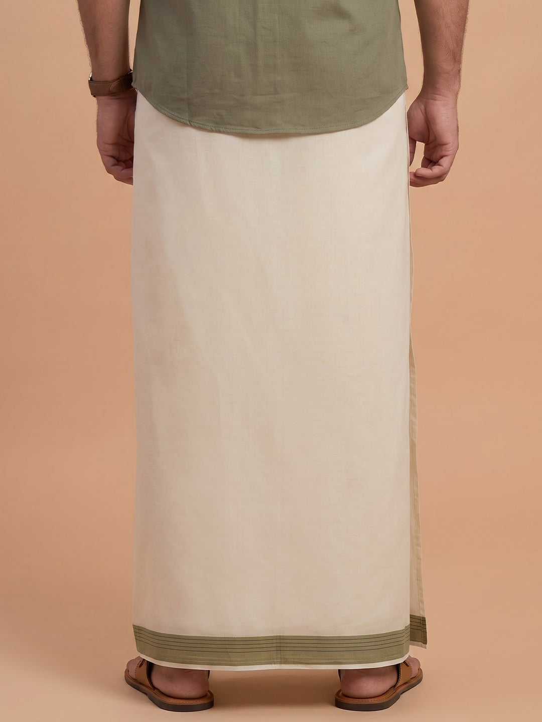 Double Layer Premium Handloom Cream Dhoti with Colour Border - HLM122