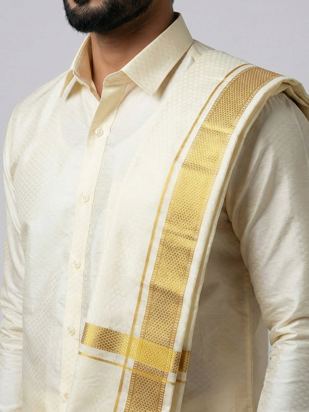 Men Art Silk Self Design Shirt with Readymade Dhoti & Towel Set Cream CRJD3
