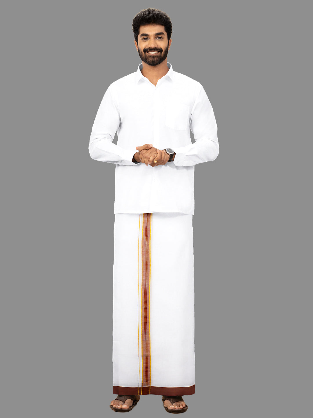 Men Brown Fancy Jari Border Double Dhoti King Fashion