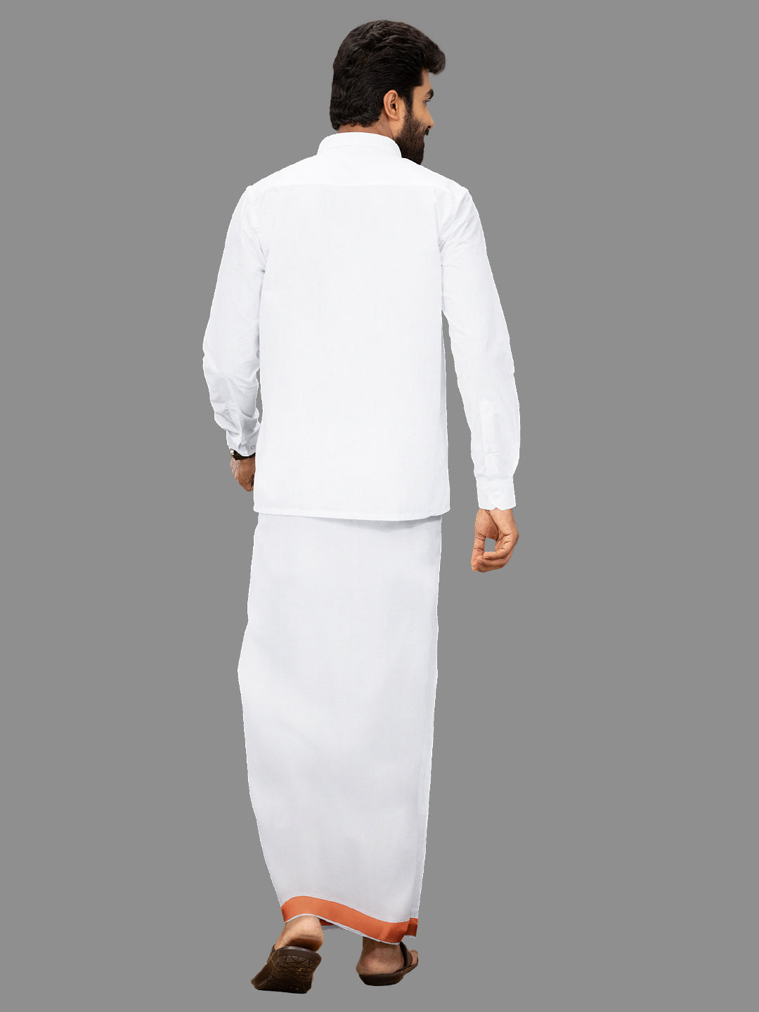 Men White with Orange Fancy Jari Border Single Layer Dhoti Yuga YJF01