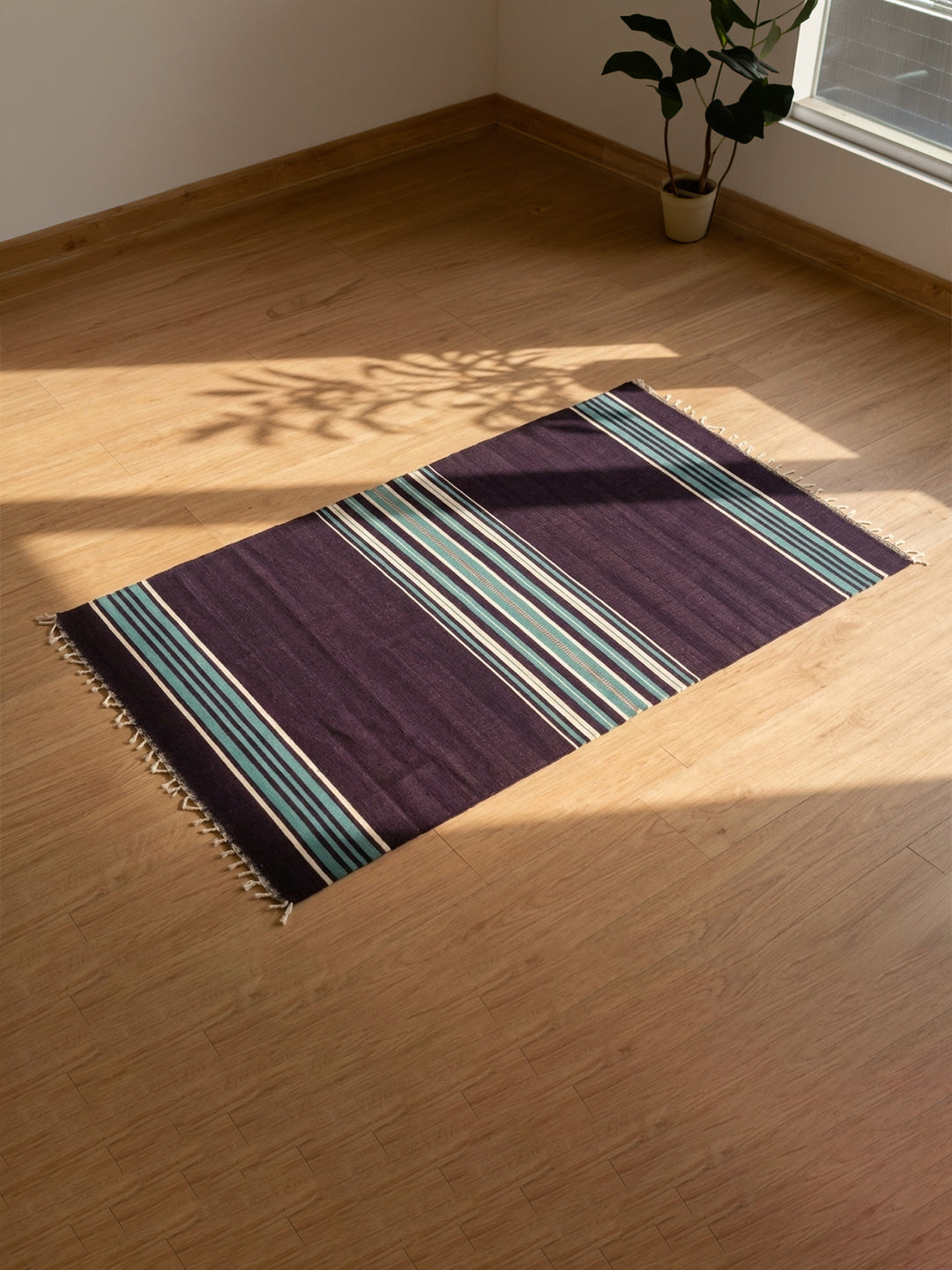 Bhavani Jamakkalam / Handwoven Cotton Carpet Dark Purple Base with White & Blue Stripes (3.25 ft × 6.5 ft)