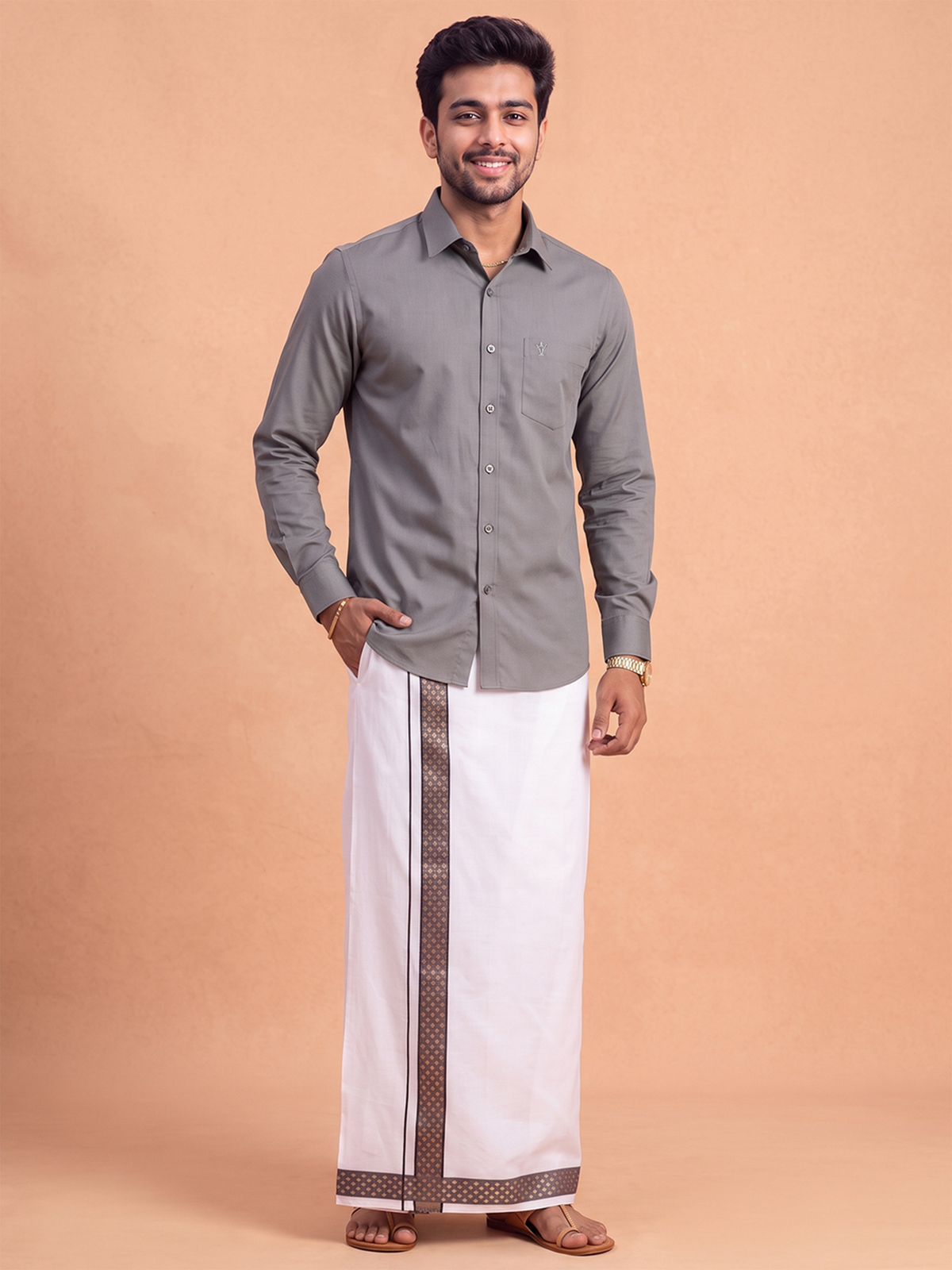 100% Cotton Shuttle Grey Shirt and Colour Jari Border Dhoti Set BT6