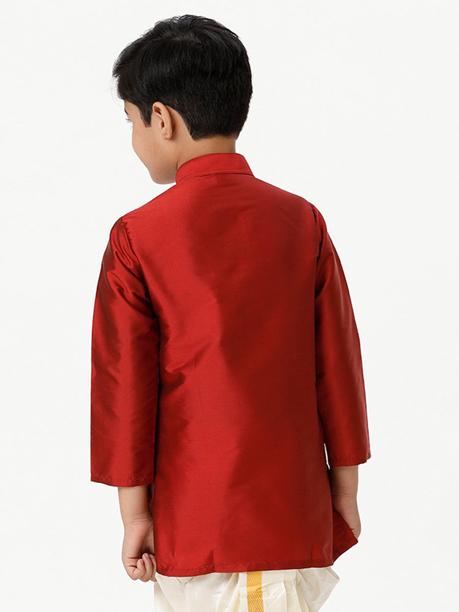 Boys Silk Cotton Full Sleeves Red Kurta-Back view