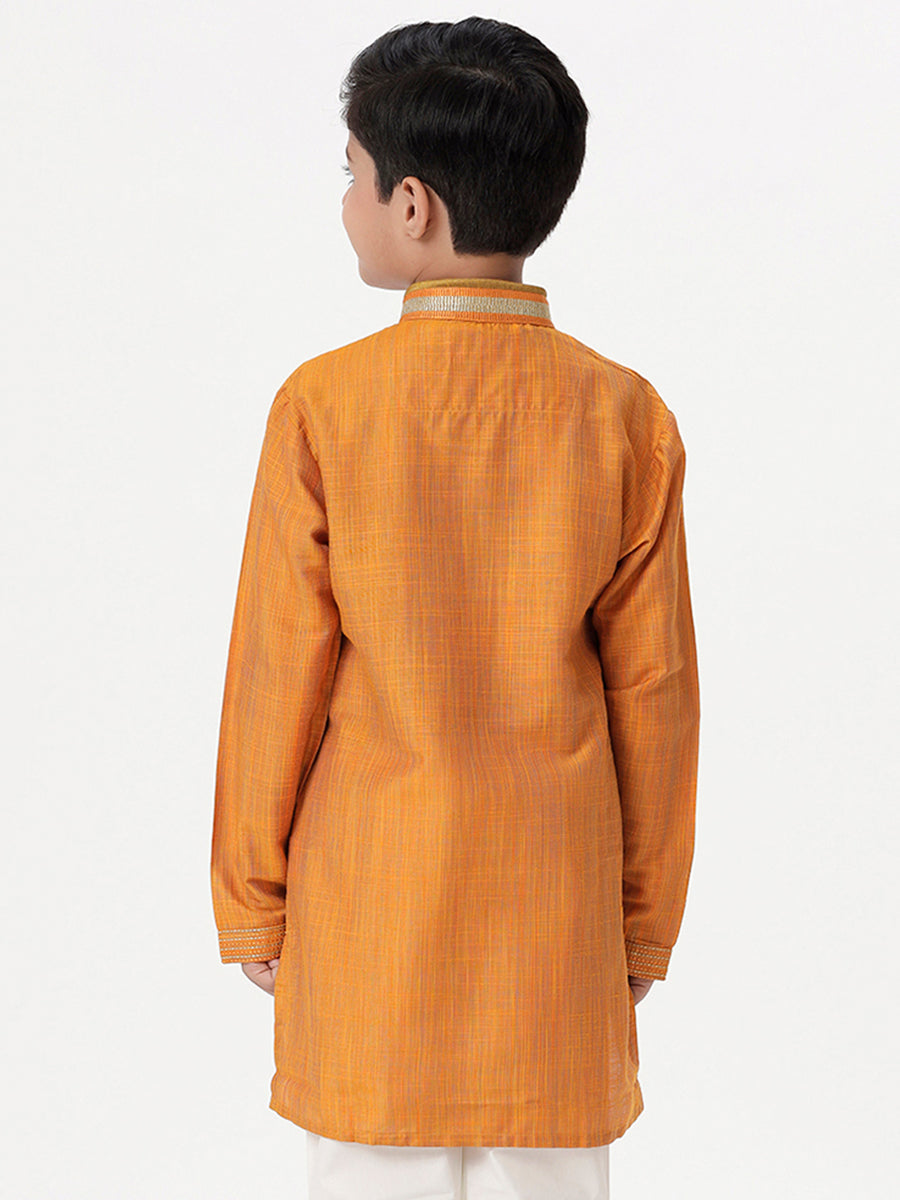 Boys Cotton Embellished Neckline Full Sleeves Orange Kurta-Back view