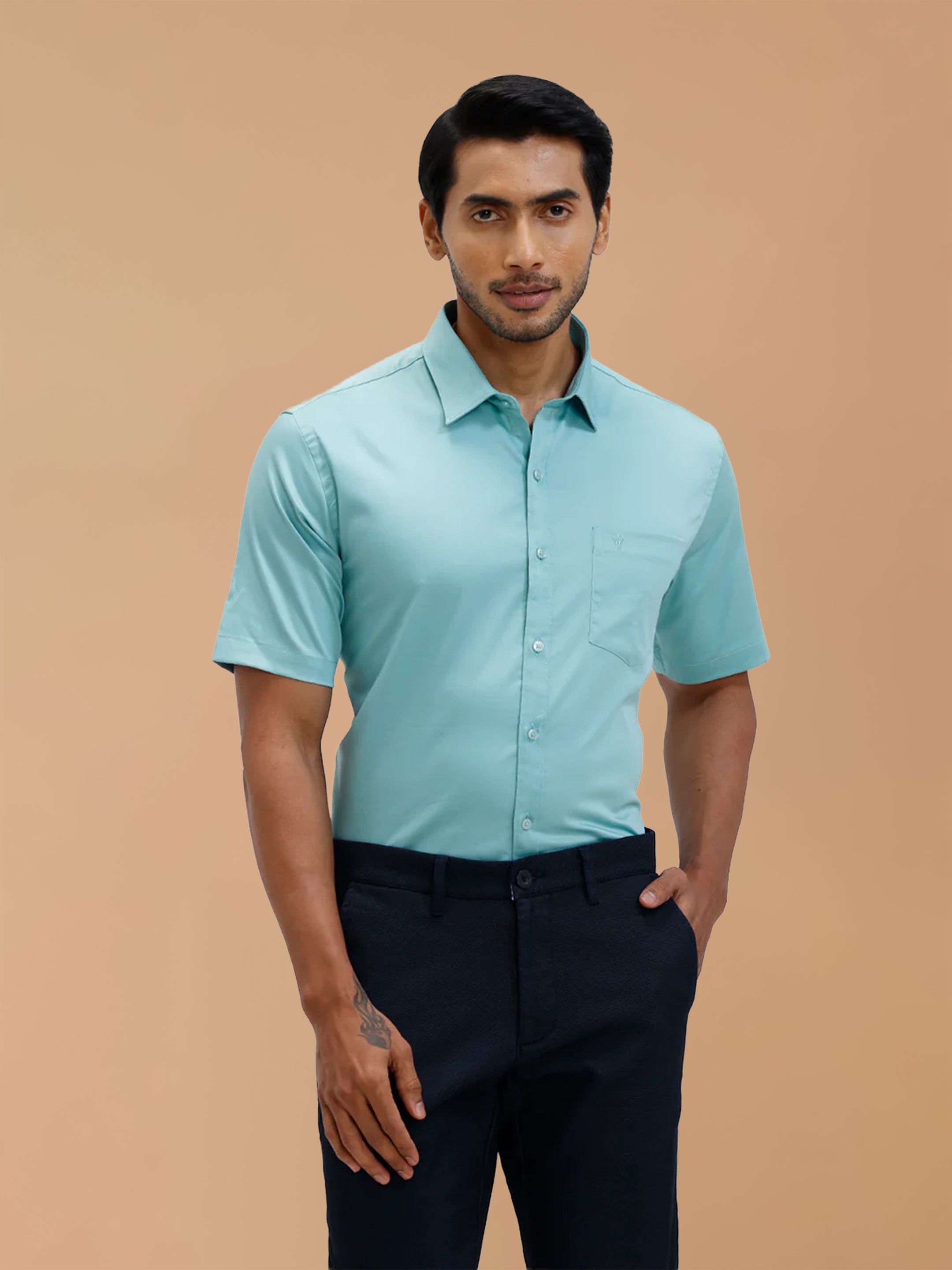 Cotton Rich Shadow Green Regular Fit Shirt T53 ACT4