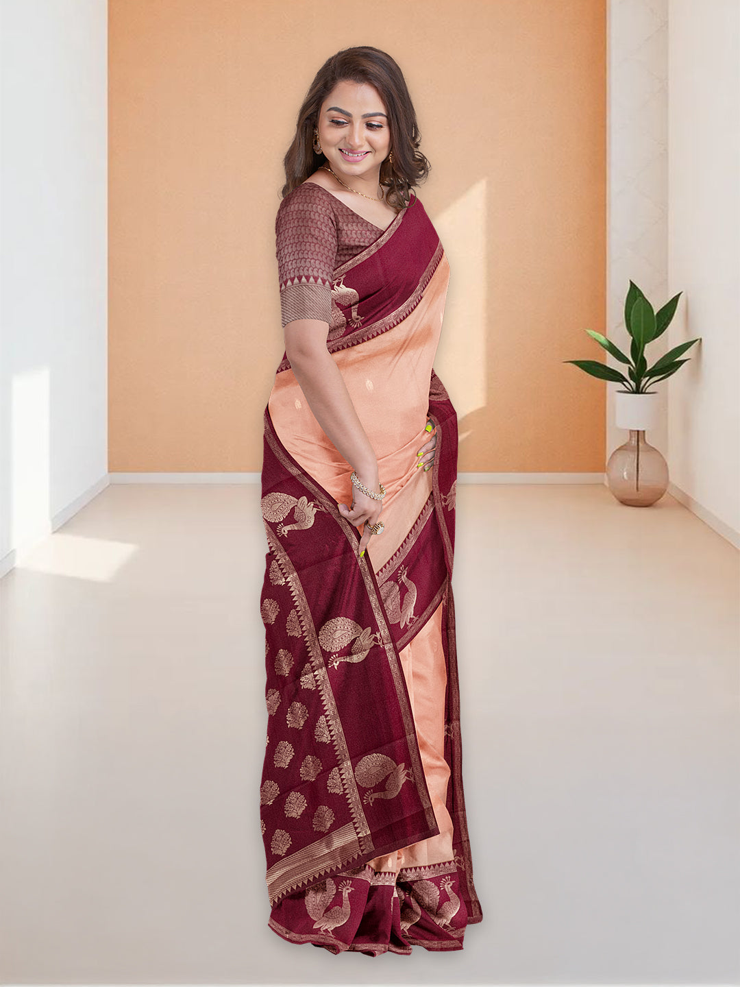 Couple Combo Shirt & Dhoti Set with Saree Peach ASS105