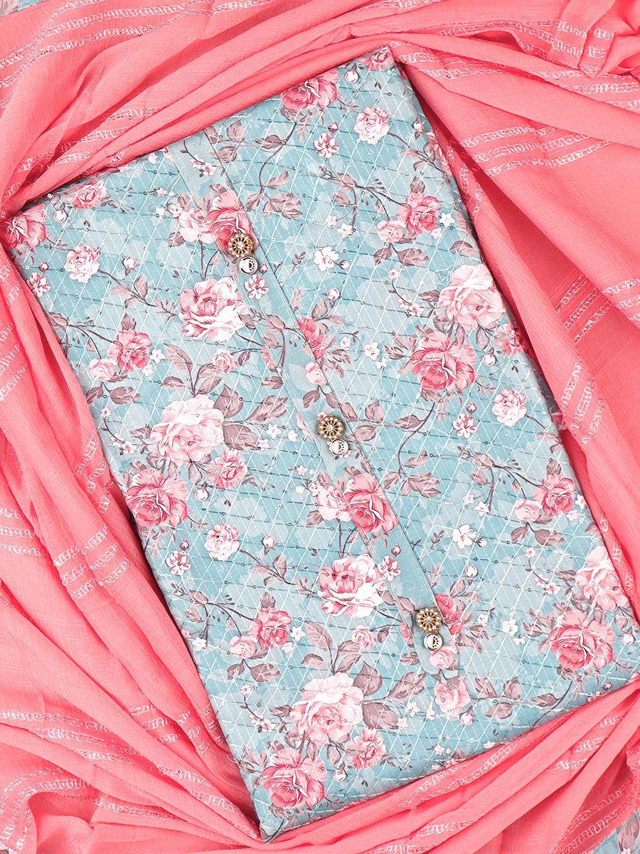 Women's Blue Colour Flower Design Digital Print Threaded Sequin Unstitched Cotton Dress Material DM130