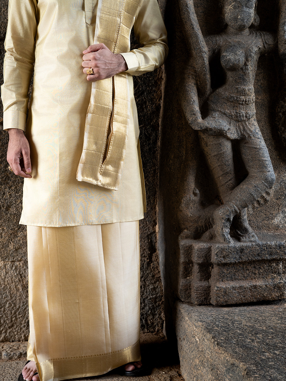 Premium Pure Silk 3" Fawn Wedding Dhoti & Towel Set – Virutcham