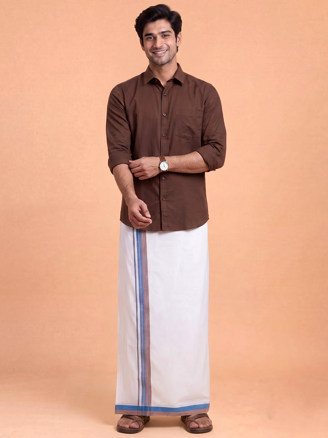 Double Layer 100% Cotton White Dhoti With Colour Jari Border - EJF30