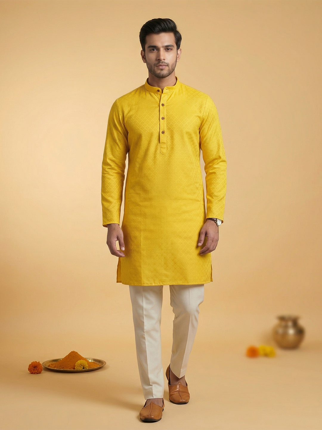 Cotton Medium Length Self Design Pocket Kurta Yellow D4