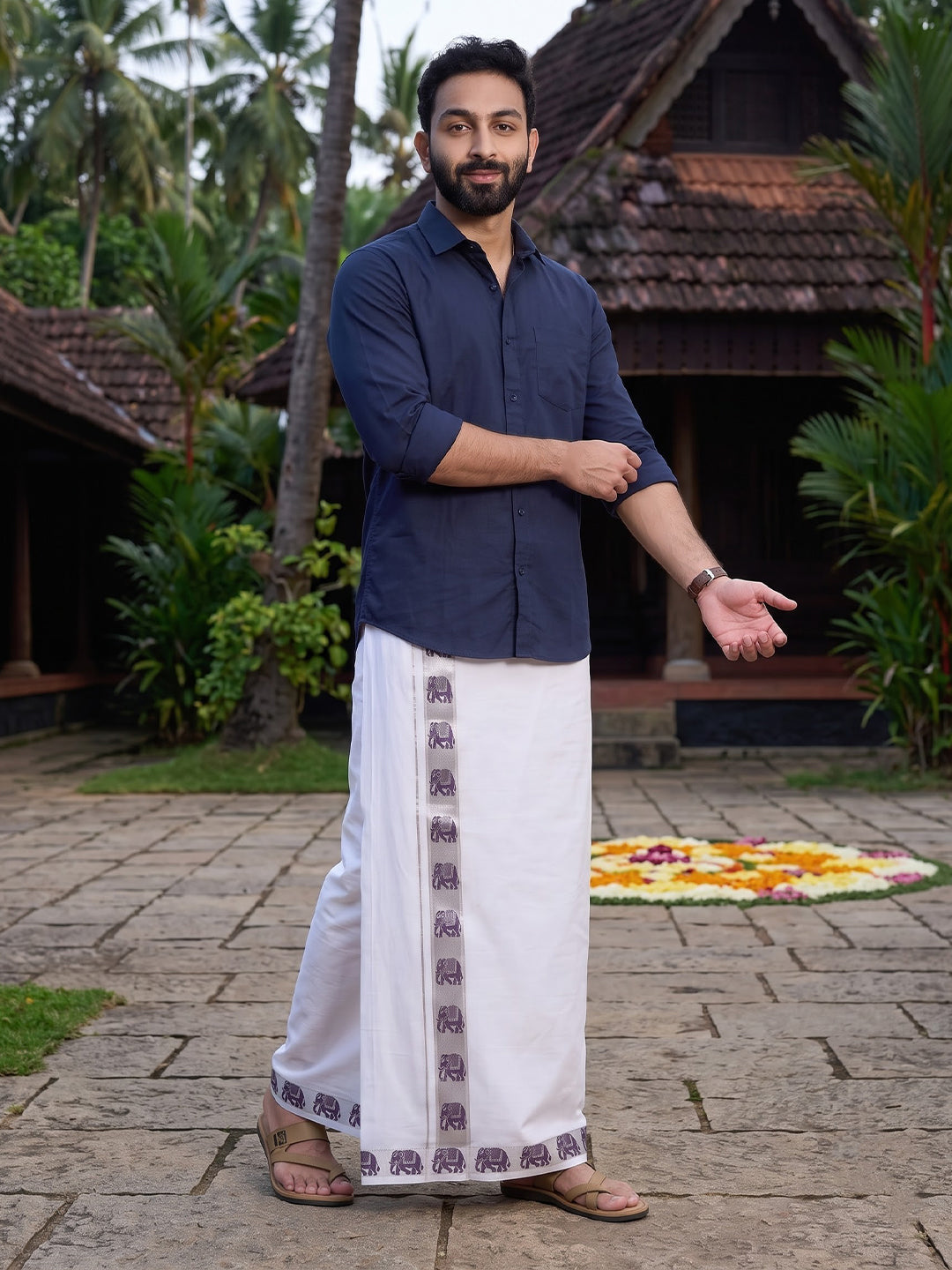 Double Layer 100% Cotton White Dhoti with Colour Jari Border - LC49
