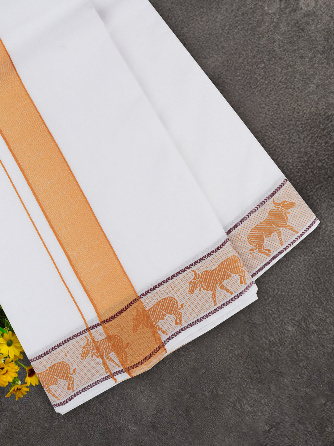 Men Cotton Mustard Fancy Border Panchakacham with Angavasthram Srirasthu(9+5) SR51