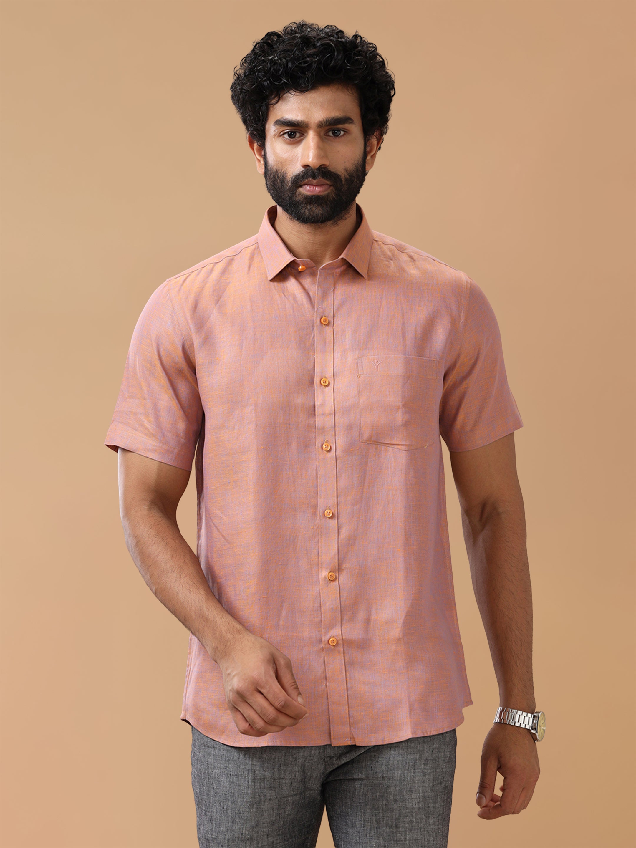 Pure Linen Orange Blue Smart Fit Shirt L80
