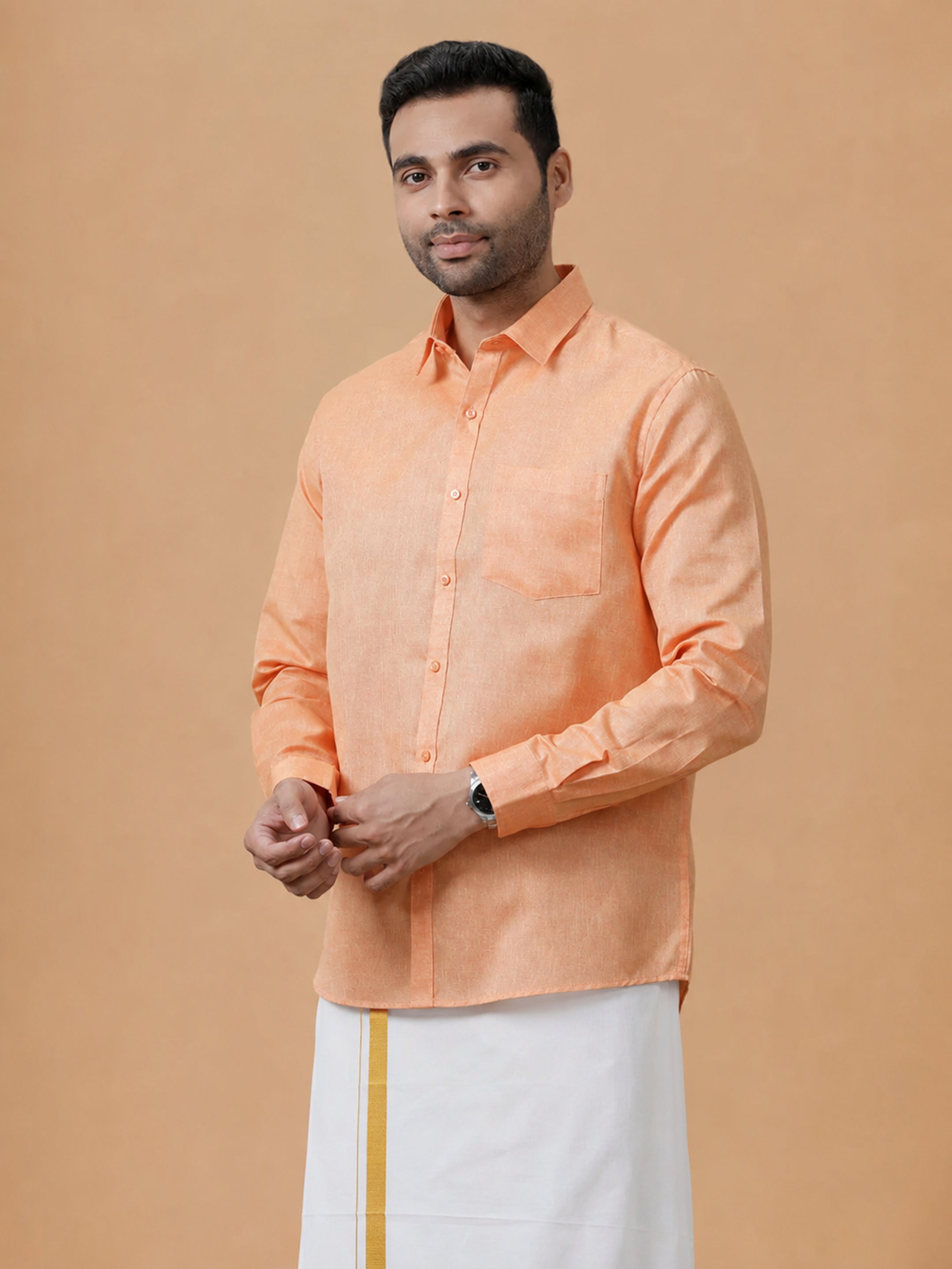Cotton Rich Reddish Orange Regular Fit Shirt T3 CV14