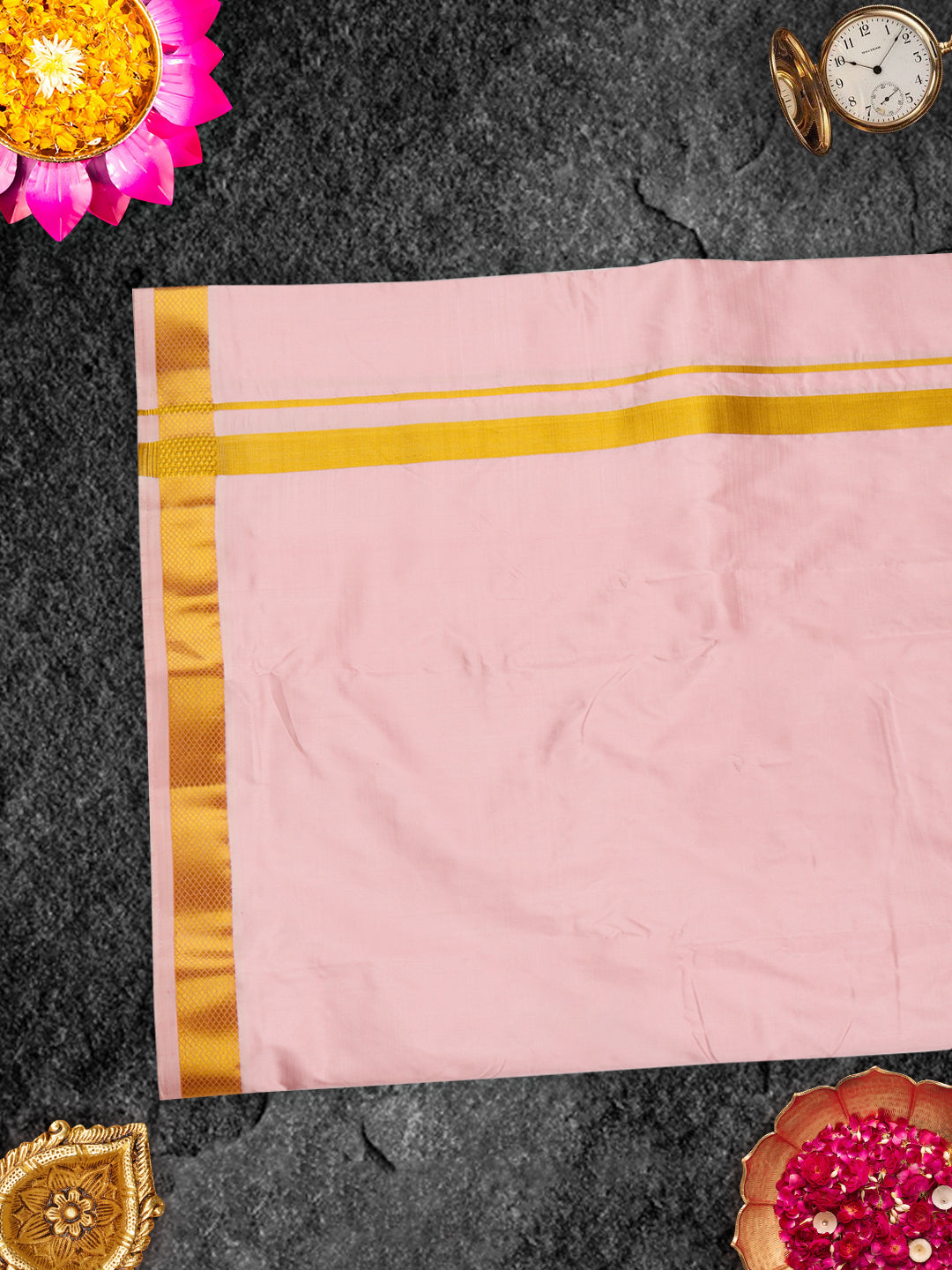 Premium Pure Silk Pink Dhoti With Angavastram 1" Gold Jari Border Thirukalyan-View four