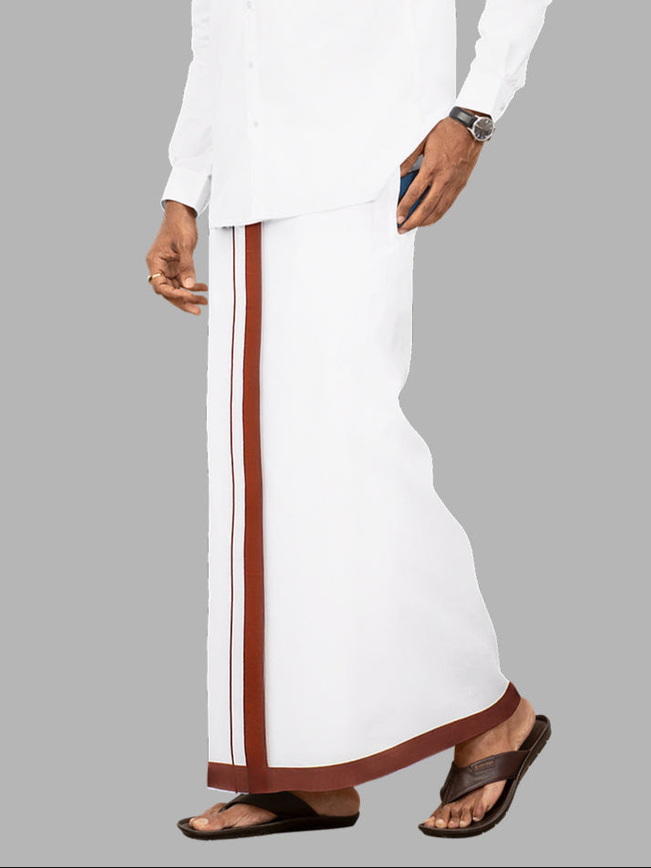 Men Cotton Blend Readymade Single Layer White Dhoti with Big Border GACS8