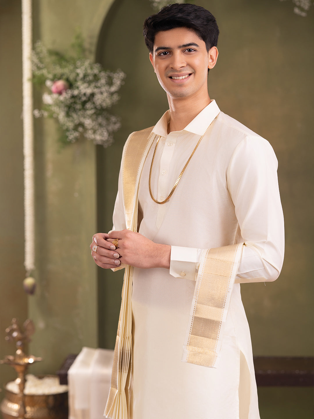 Premium Pure Silk Cream Plain Dhoti Shirting & Towel Set with 3" Jari Border – Rajadharbar