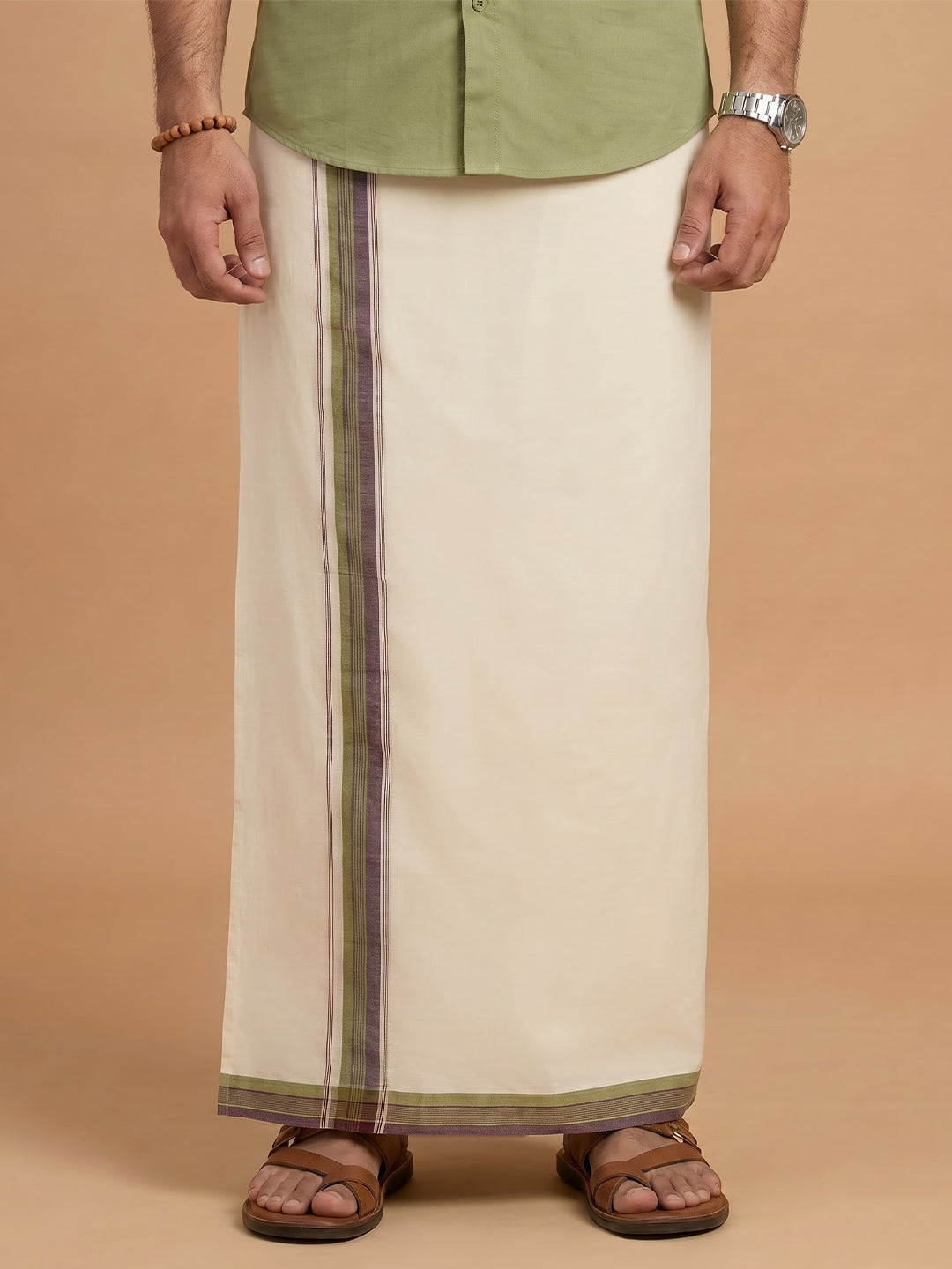 Double Layer Supima Cotton Cream Kora Dhoti with Colour Jari Border - LC43