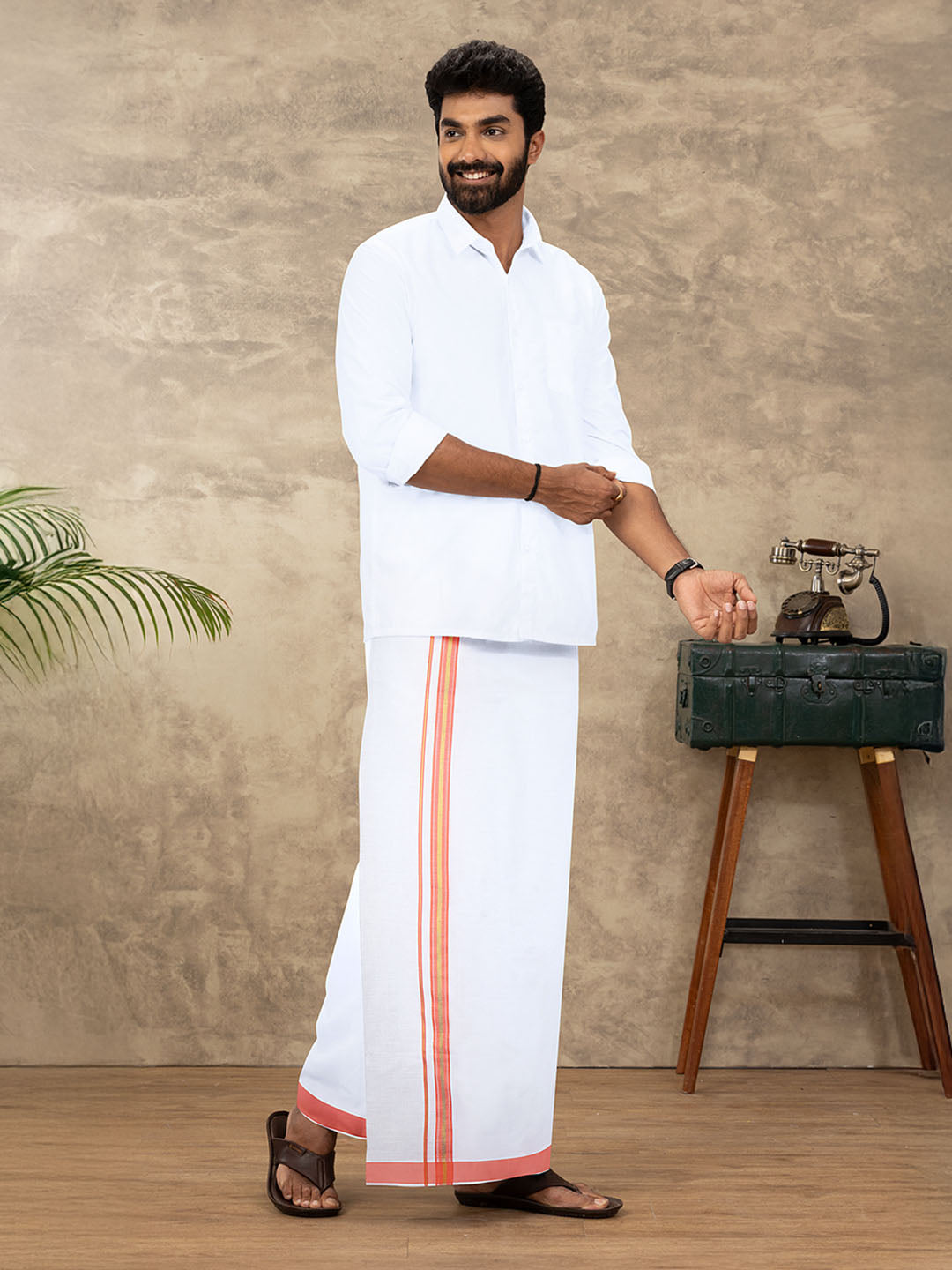 Men Cotton Blend Readymade Double Layer White Dhoti with Fancy Jari Border GFDA02