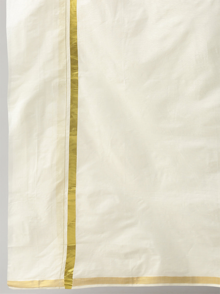 Mens 100% Cotton Cream Double Dhoti with 1" gold Jari Border Woven Gold-Zoomview
