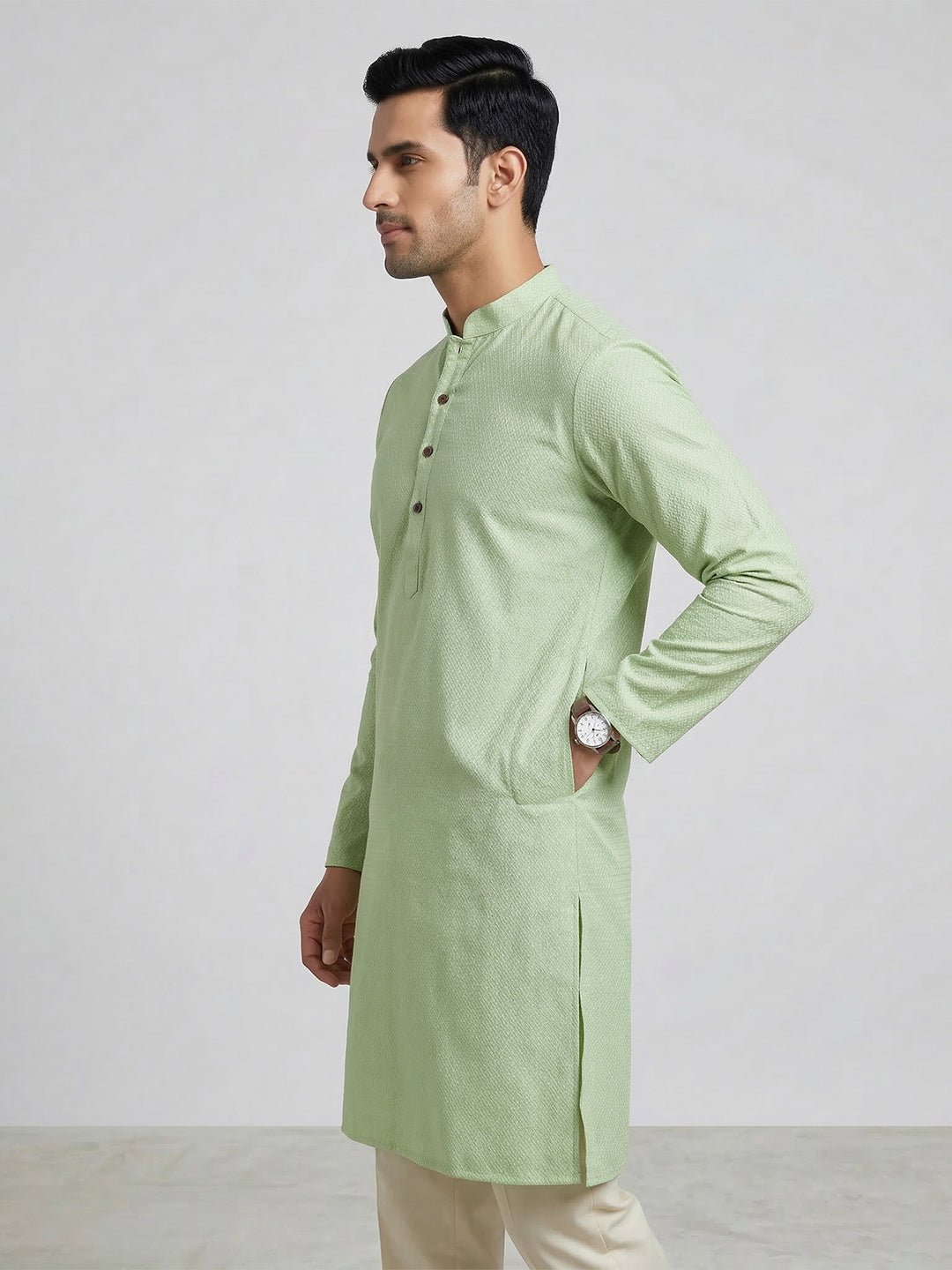 Men Cotton Medium Length Printed Pocket Kurta Mint Green MHJ4