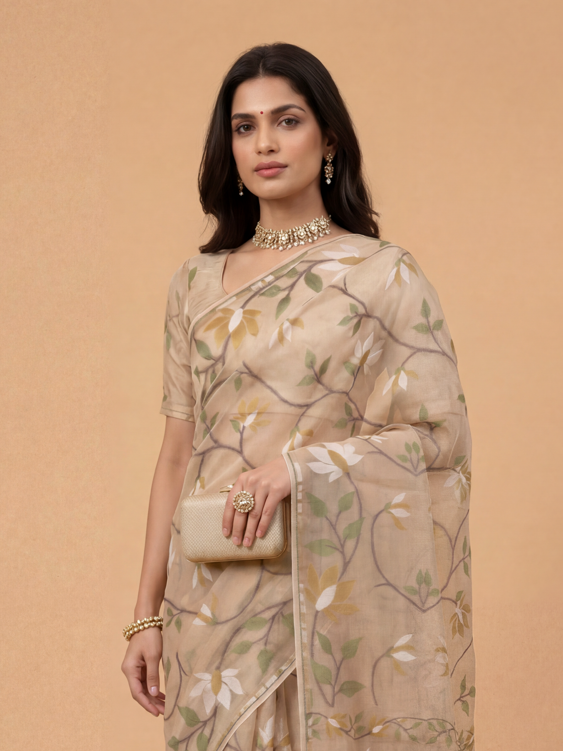 Women Semi Linen Printed Light Brown Saree SL251