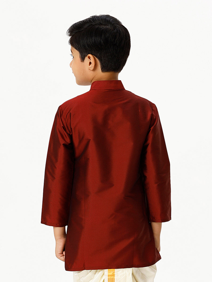 Boys Silk Cotton Full Sleeves Maroon Kurta-Back view