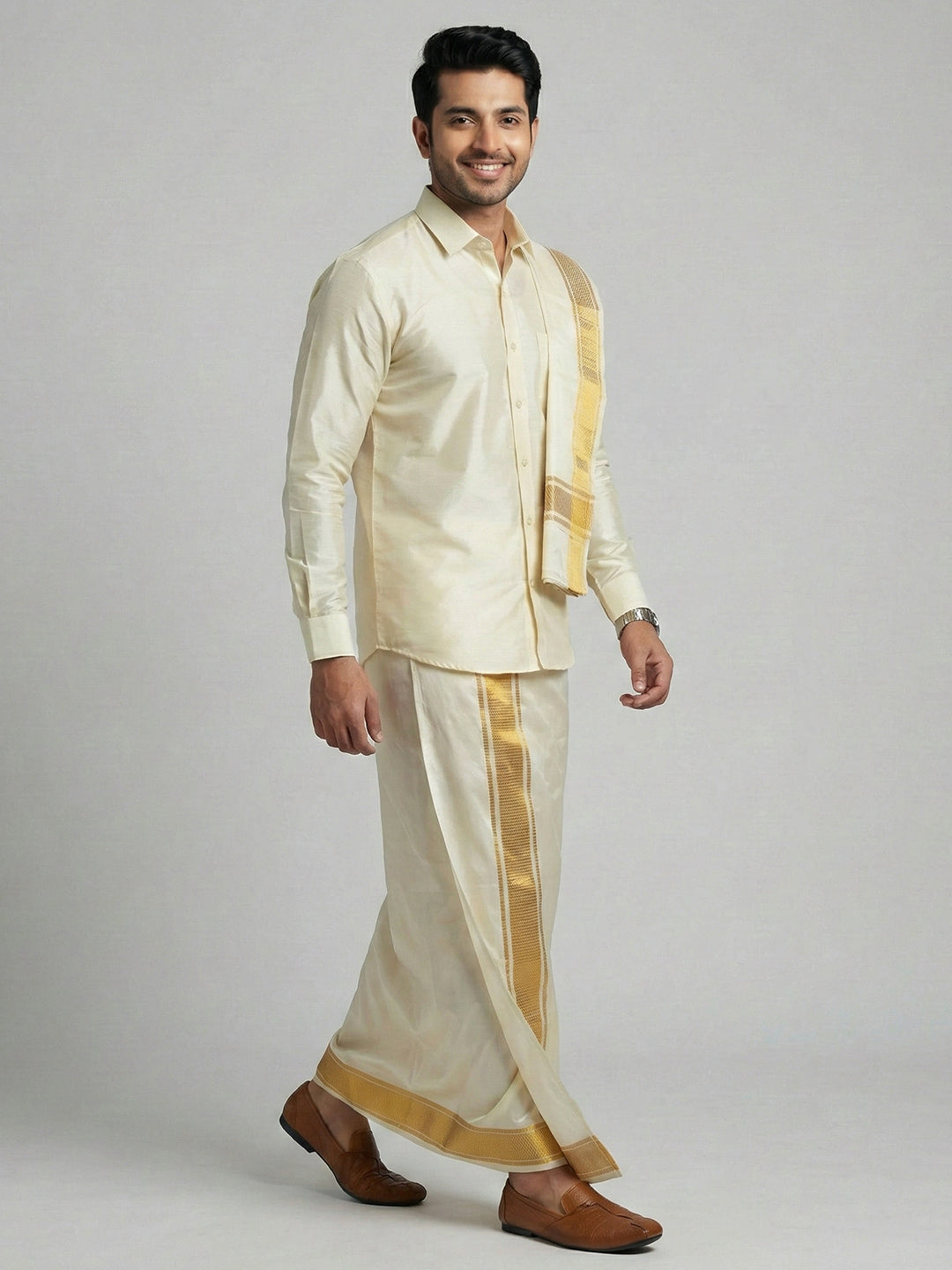 Men Art Silk Shirt & Dhoti Towel Set Butterscotch Bandham BSD1
