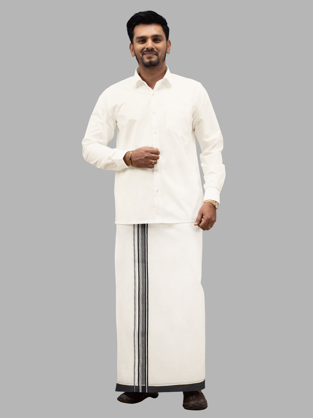 Men Navy Fancy Border Double Layer White Dhoti RF03