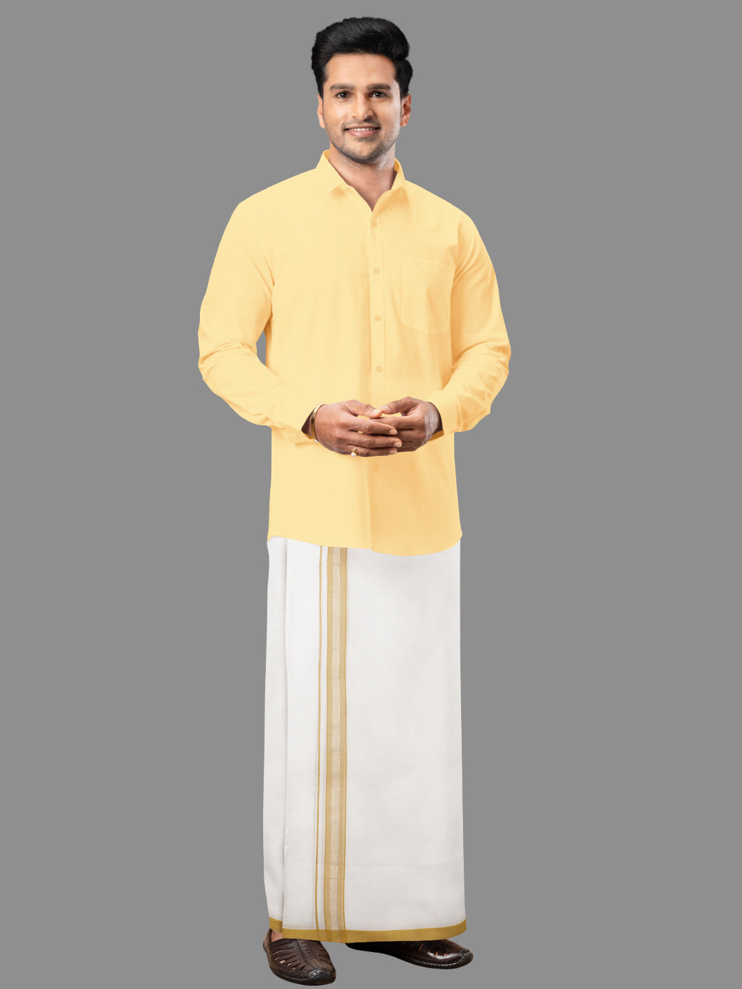 Mens Mustard Fancy Jari Border Double Dhoti RSF05