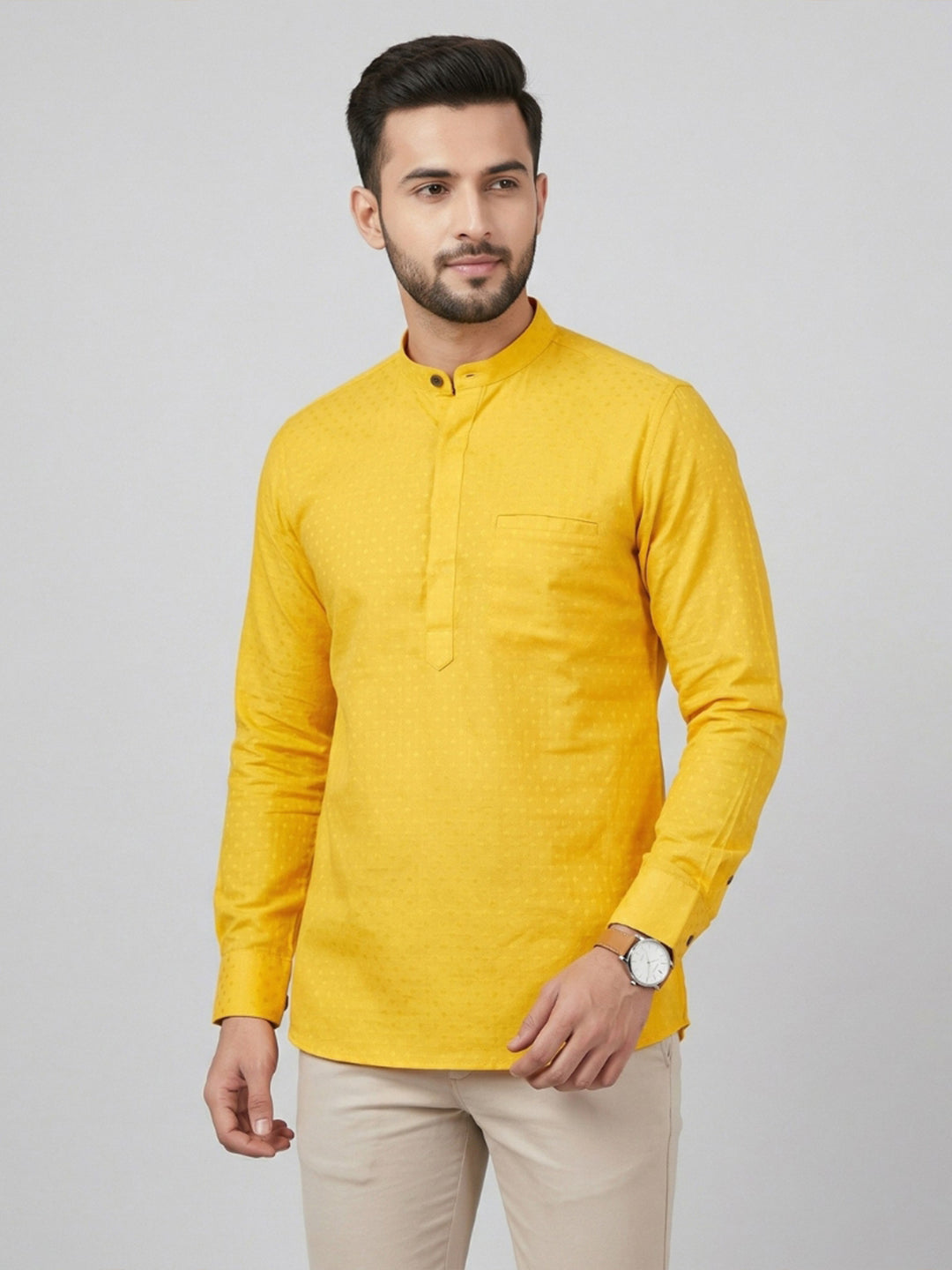 Men Cotton Short Length Self Design Pocket Kurta Dotted Yellow Y32