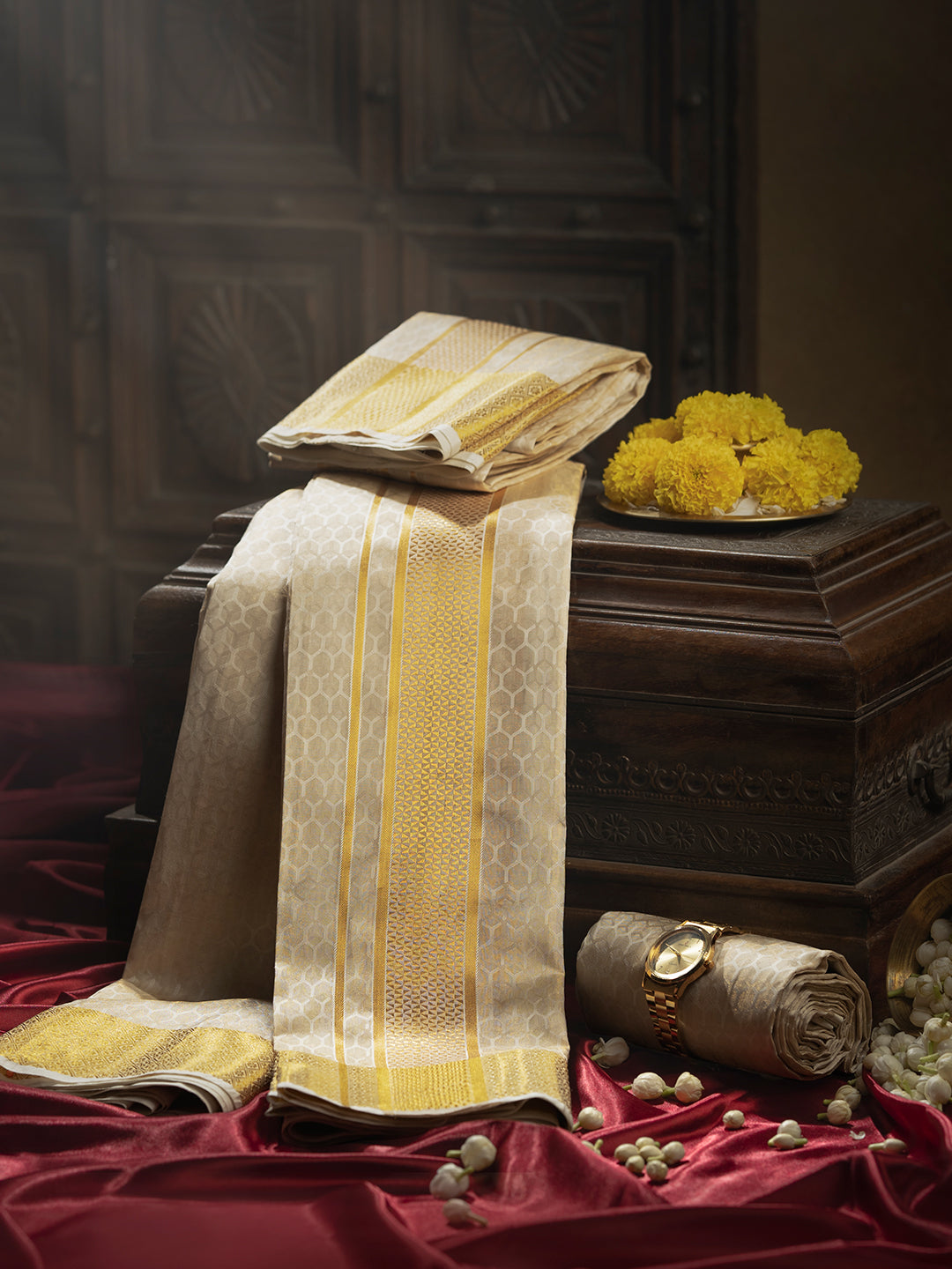 Pure Silk Embossed Tissue Jari Weaving Dhoti Shirting & Towel Set with 4" Jari Border – Rajahamsa