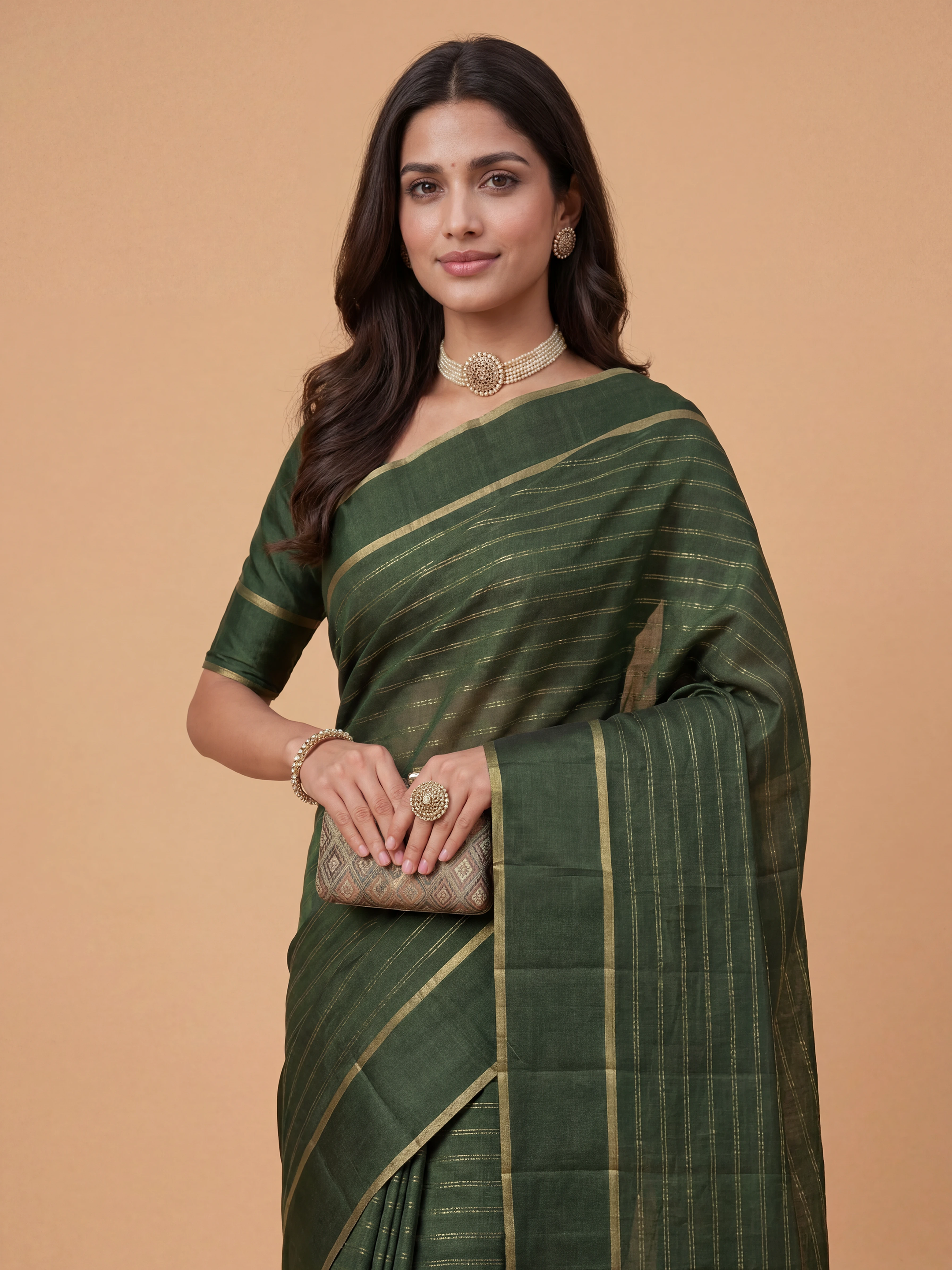 Women Semi Tussar Bottle Green Saree ST325
