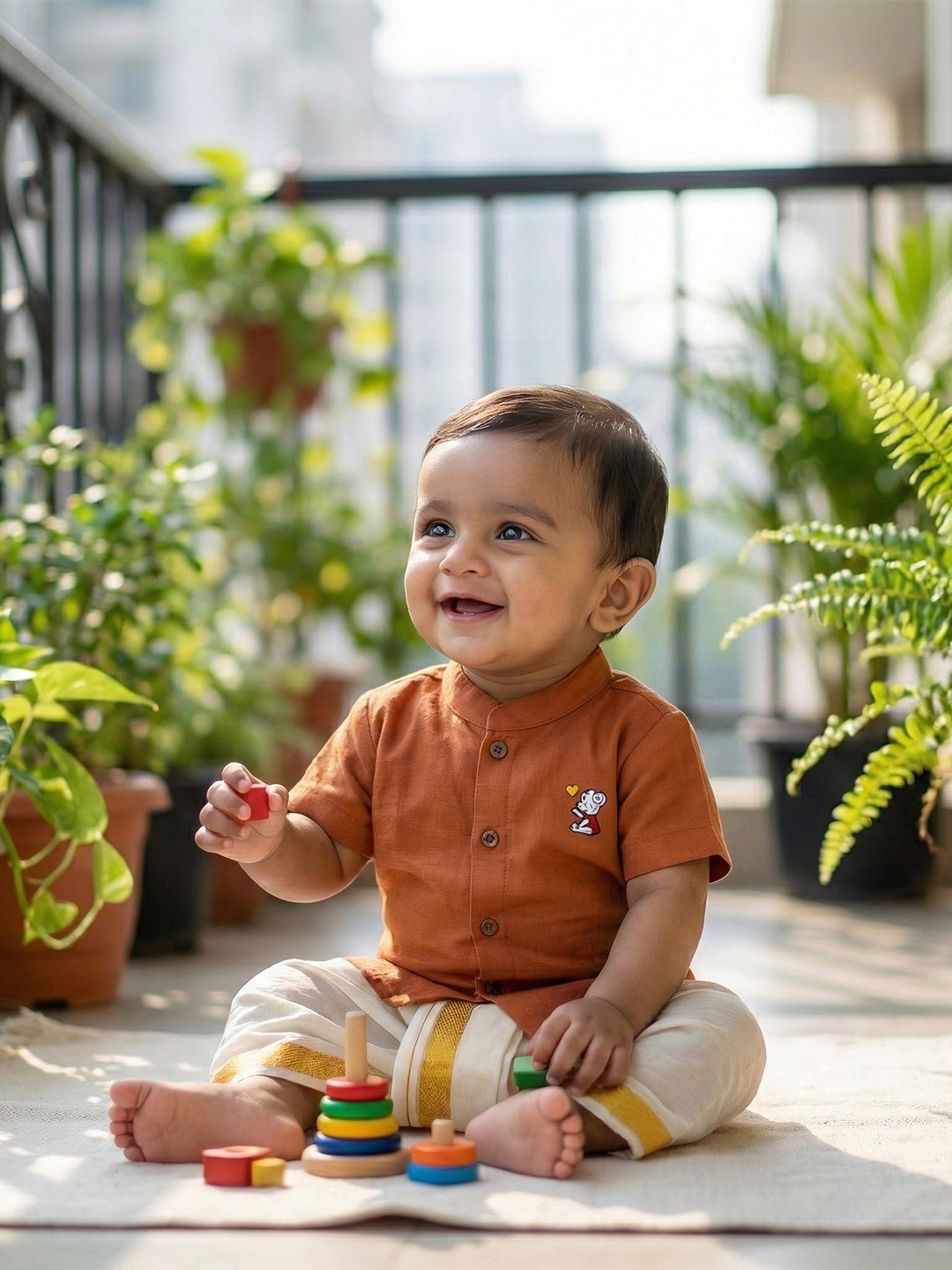 Born Baby Shirt Dhoti and Panchakacham Set Brown