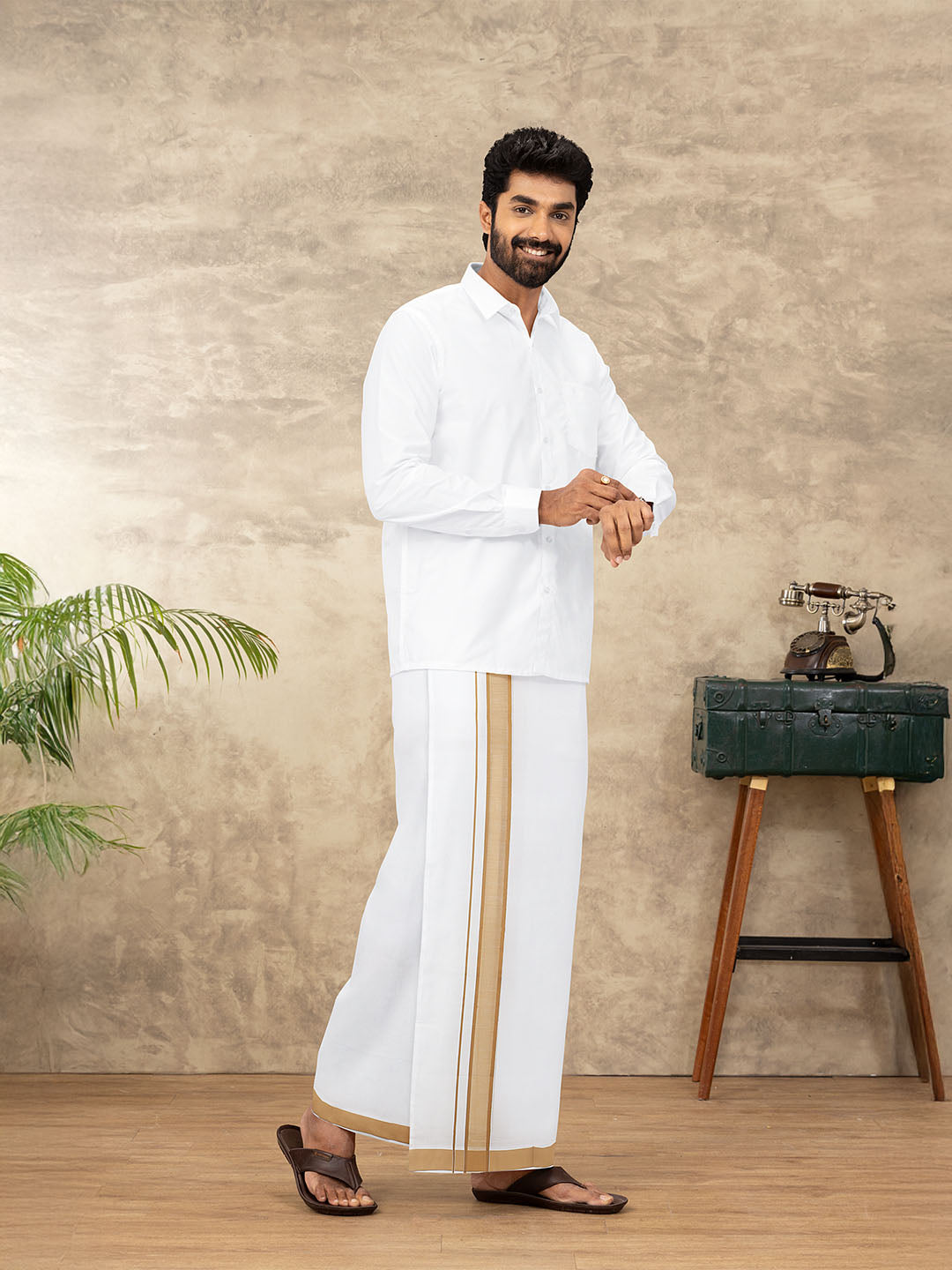Men Cotton Blend Single Layer White Dhoti with Double Side Fancy Border HM 07